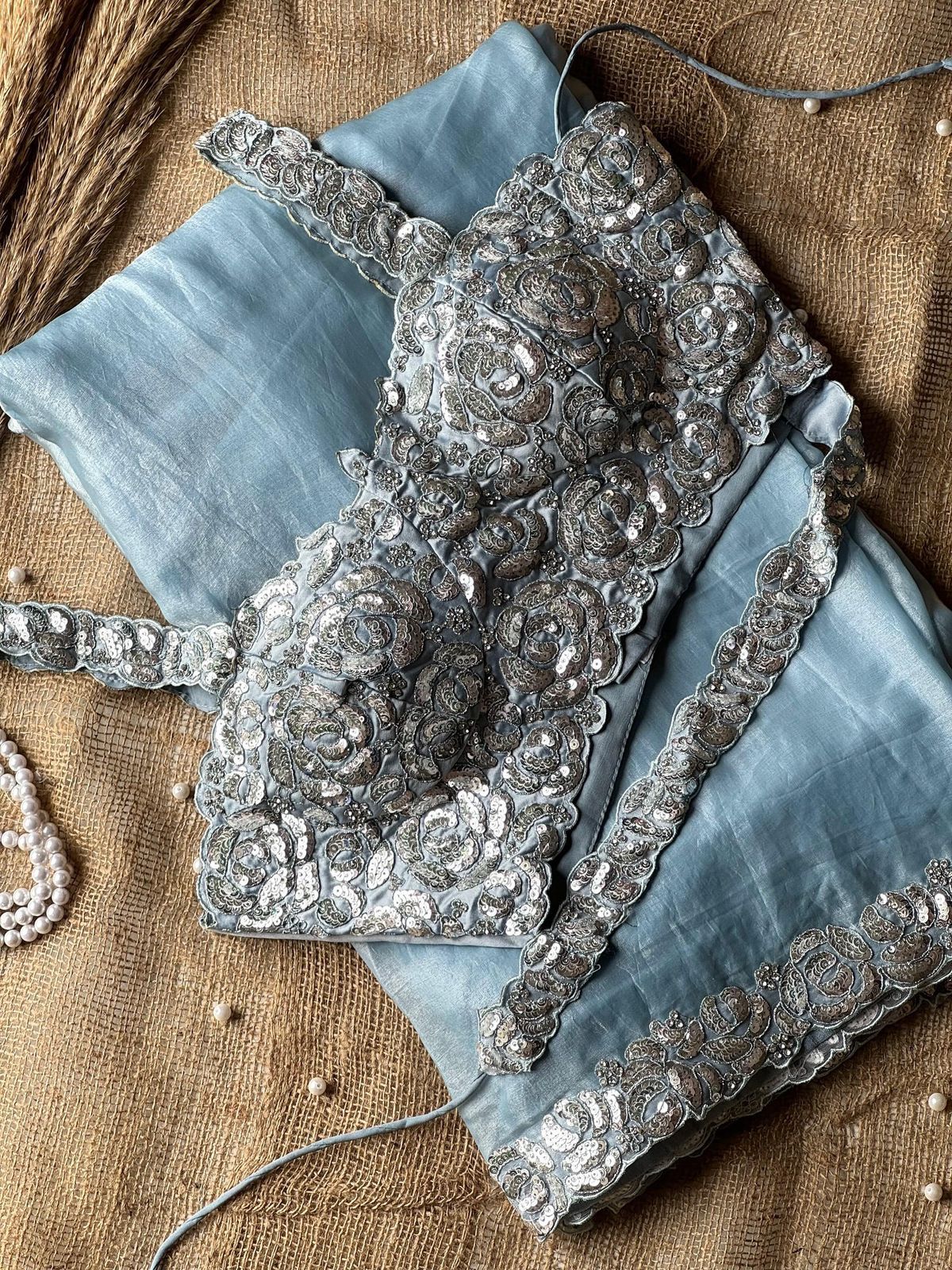 Trendy Grey Color Silk Cording Work Saree