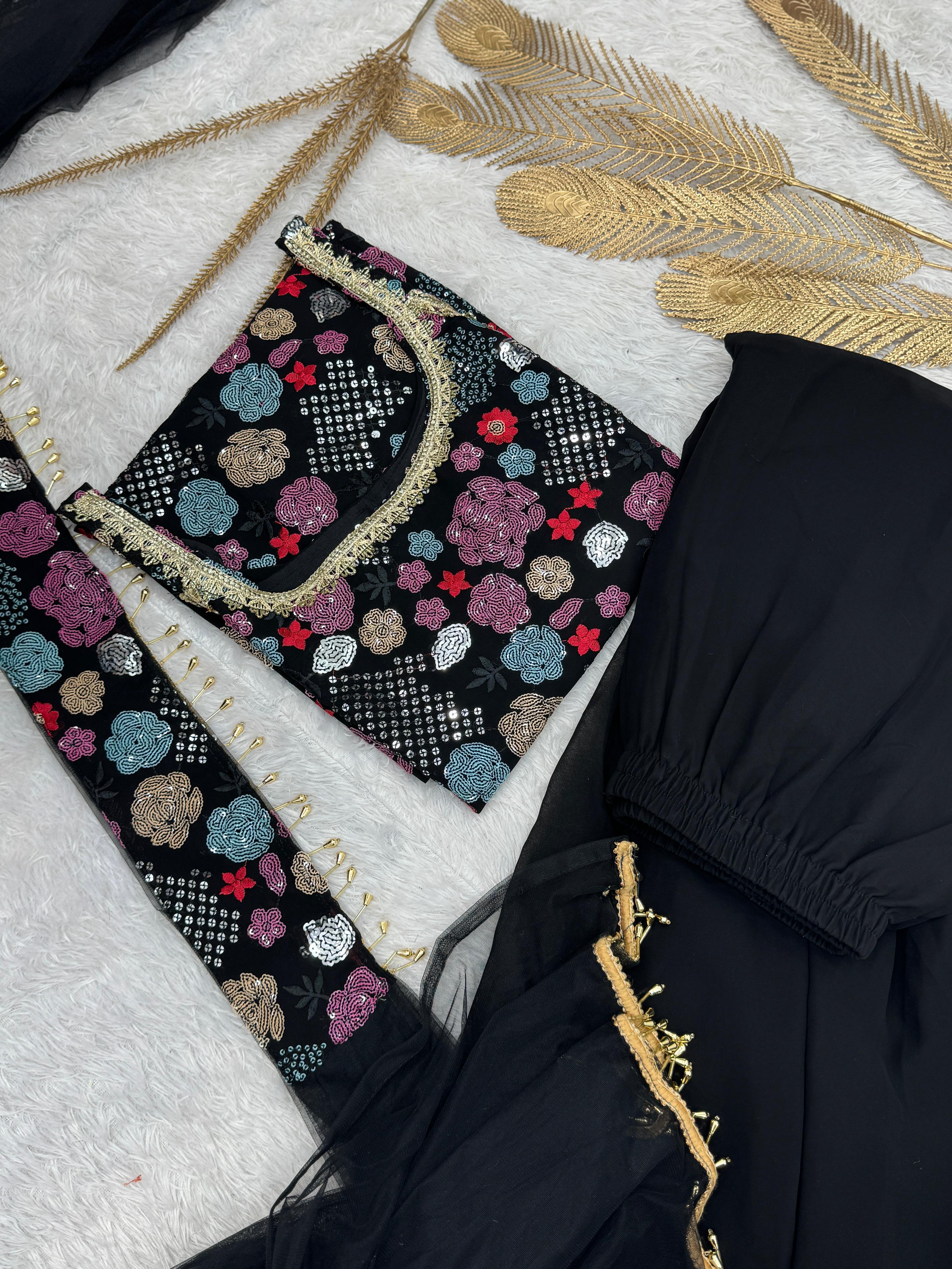 Marvelous Black Georgette Sequence Work Sharara Suit