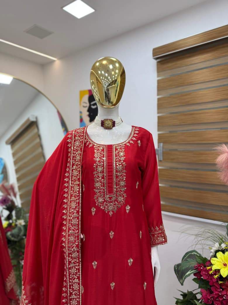 Stylish Red Color Embroidery Work Sharara Suit