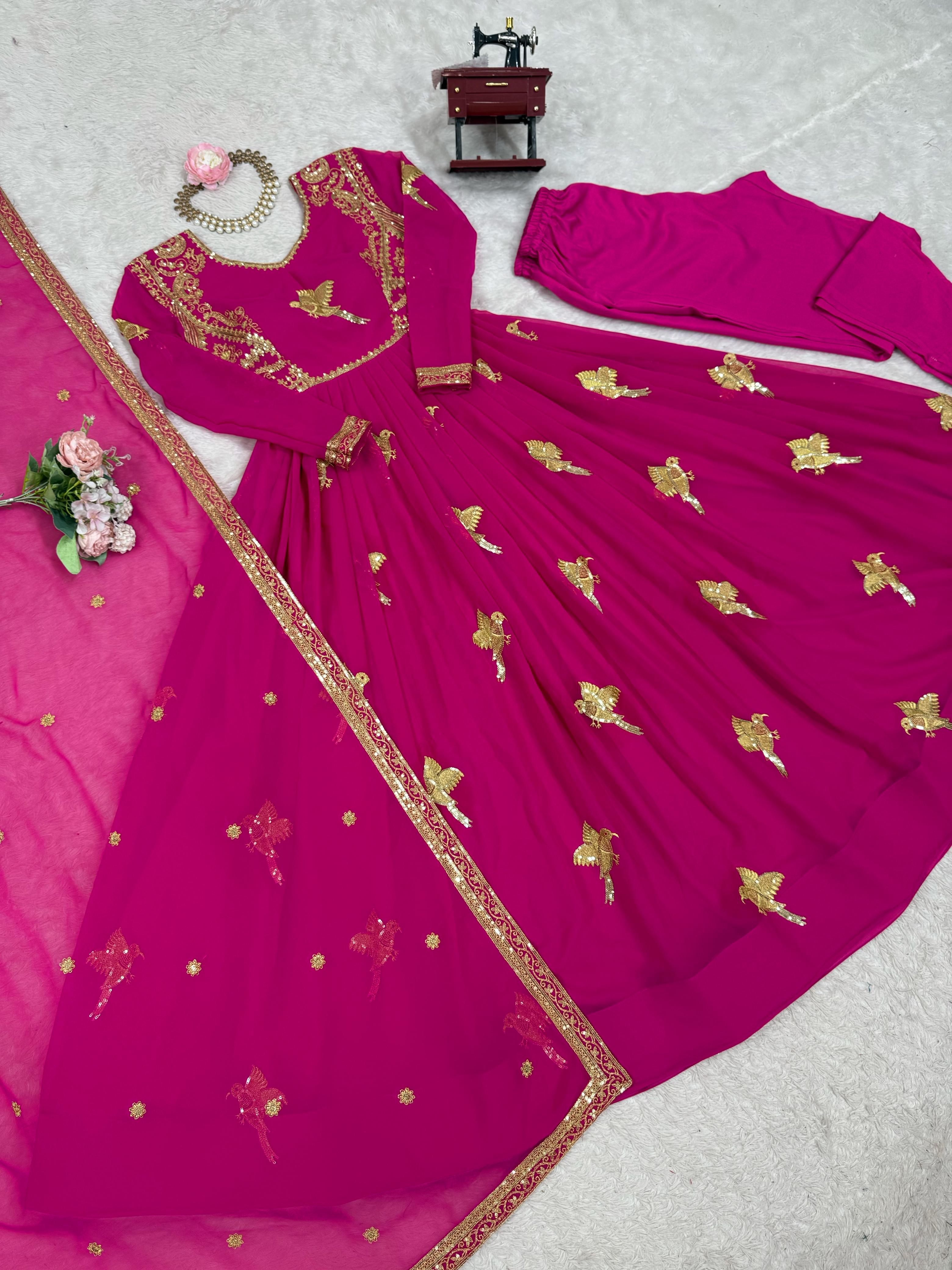 Glorious Pink Georgette Thread Work Gown