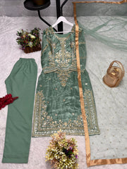 Daisy Pista Color Silk Embroidery Anarkali Suit