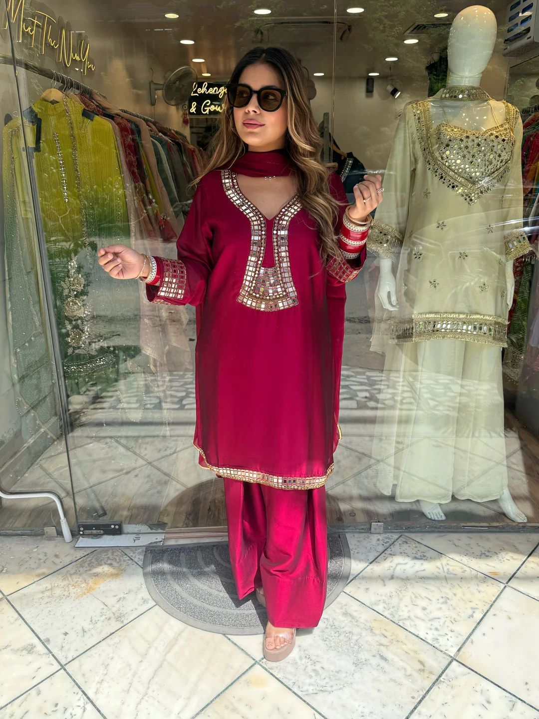 Glorious Green Color Mirror Work Palazzo Suit