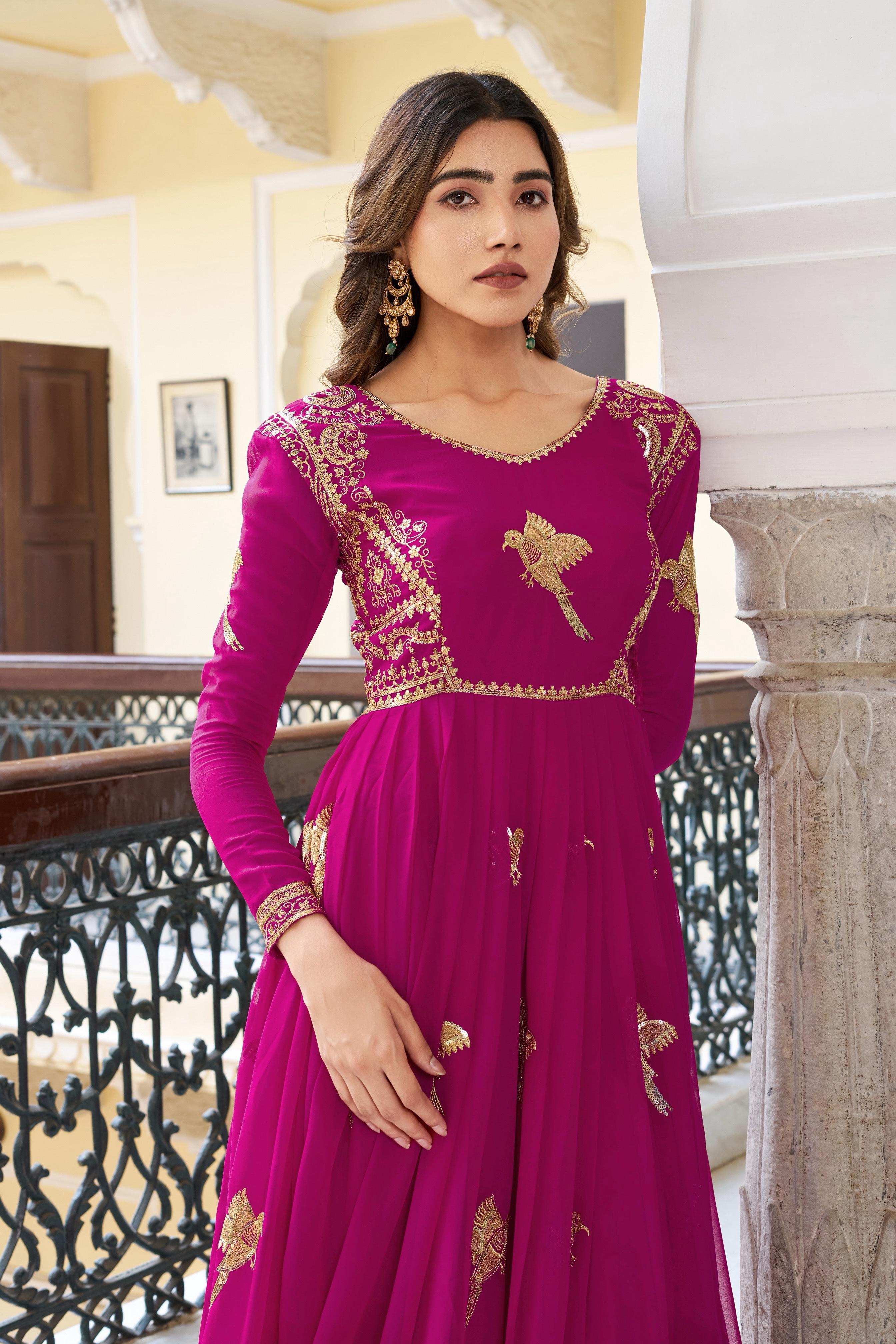 Glorious Pink Georgette Thread Work Gown