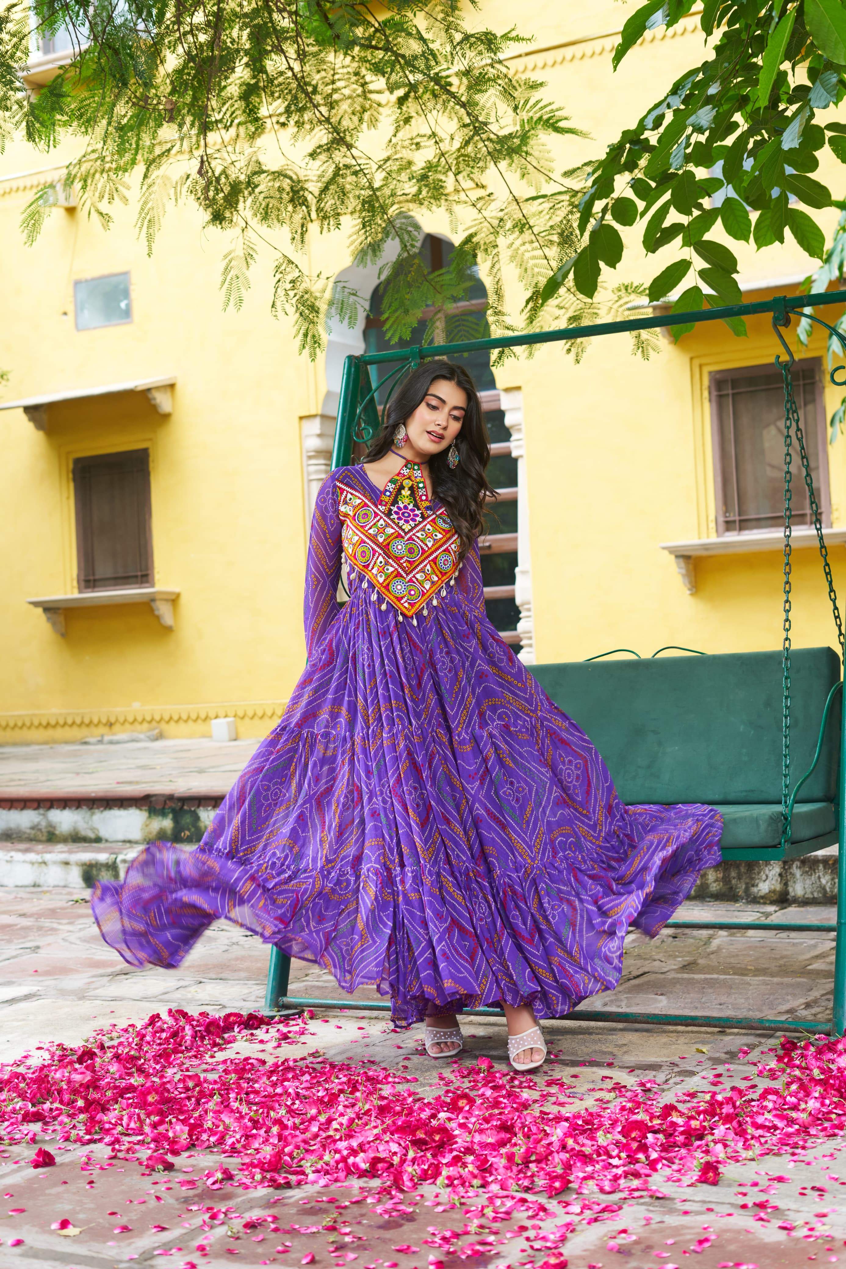 Pretty Pink Georgette Kutchi Work Gown For Navratri