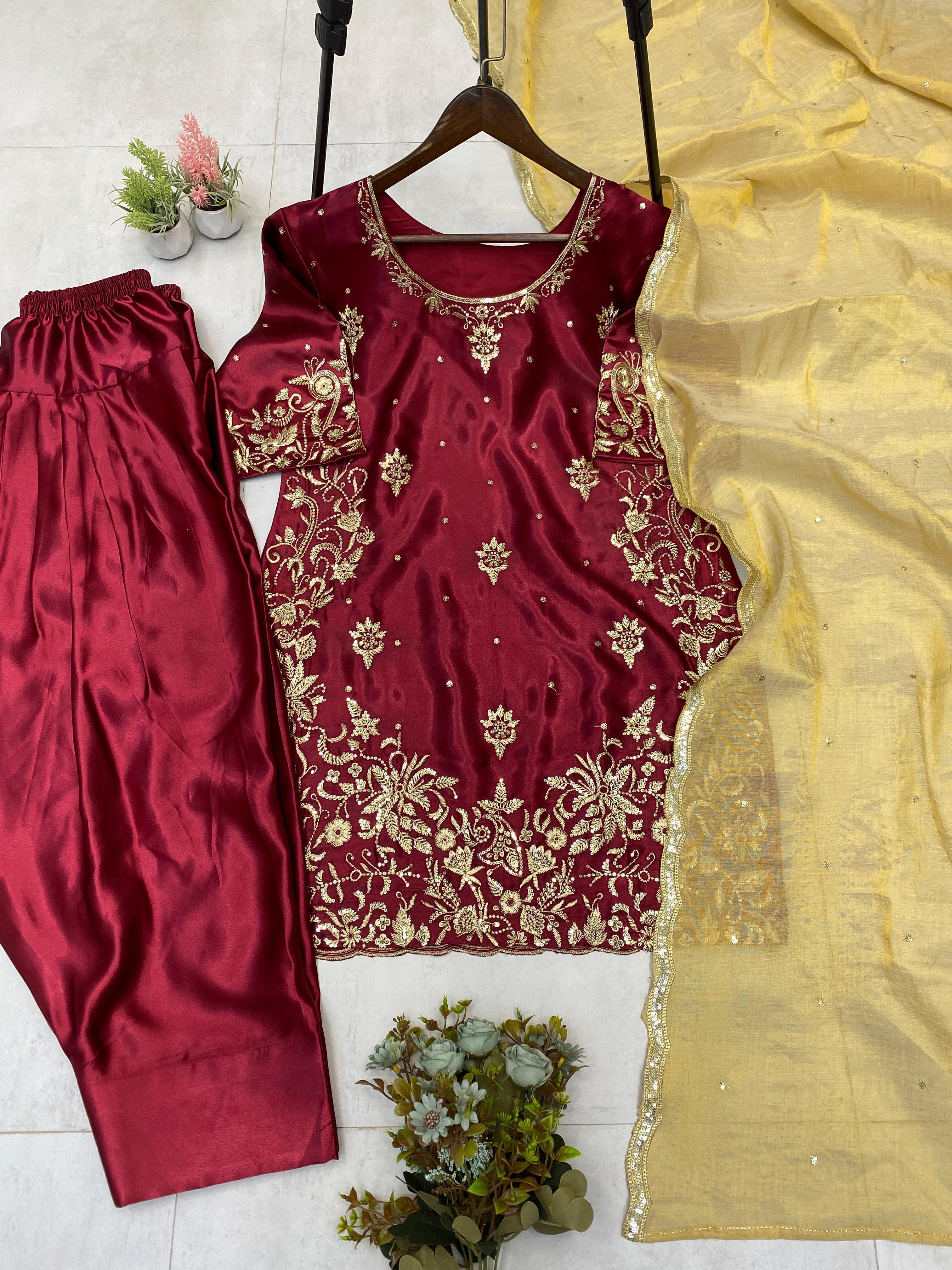 Trendy Maroon Satin Sequence Work Salwar Suit