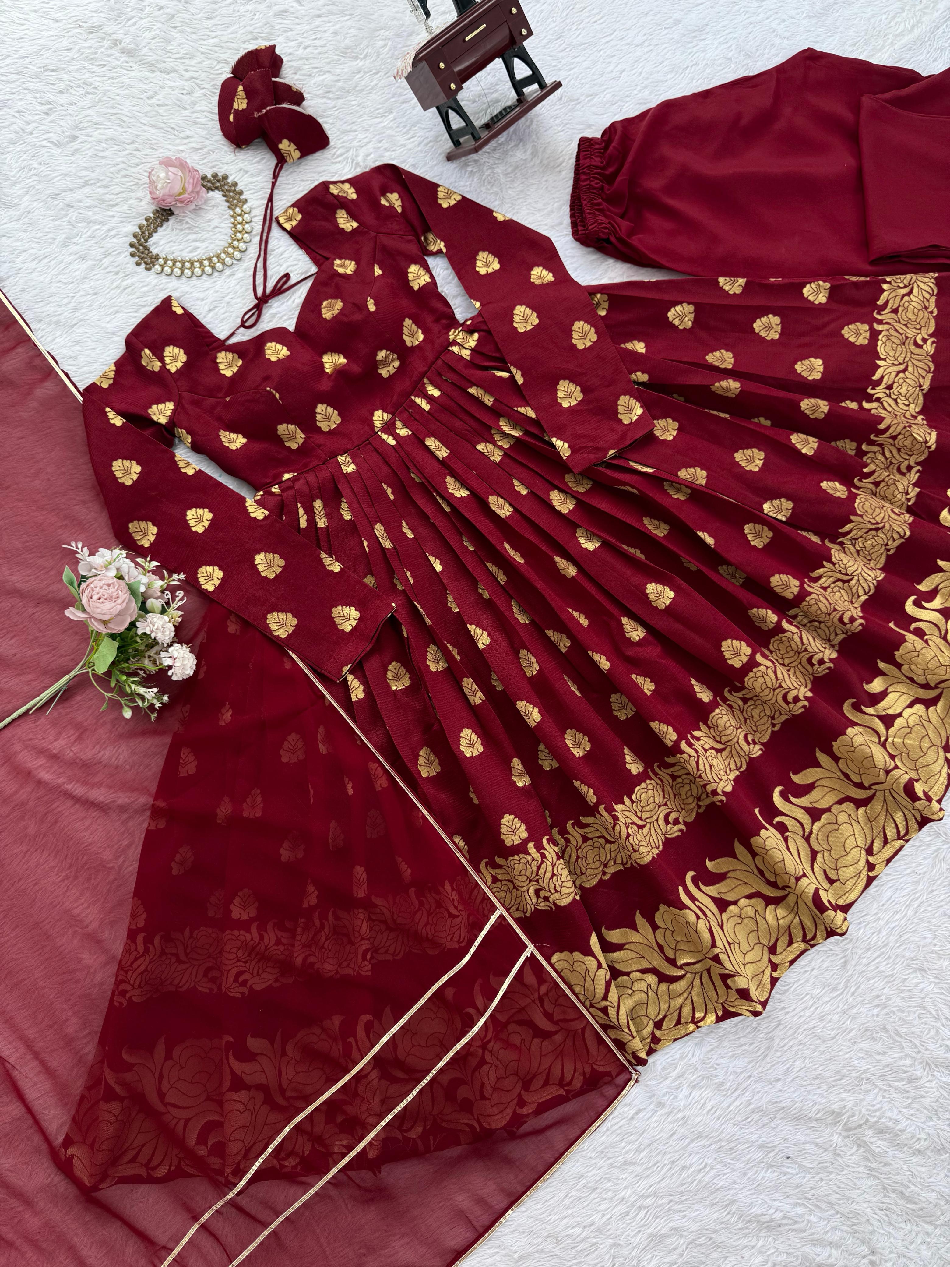 Lovely Maroon Jacquard Weaving Anarkali Suit