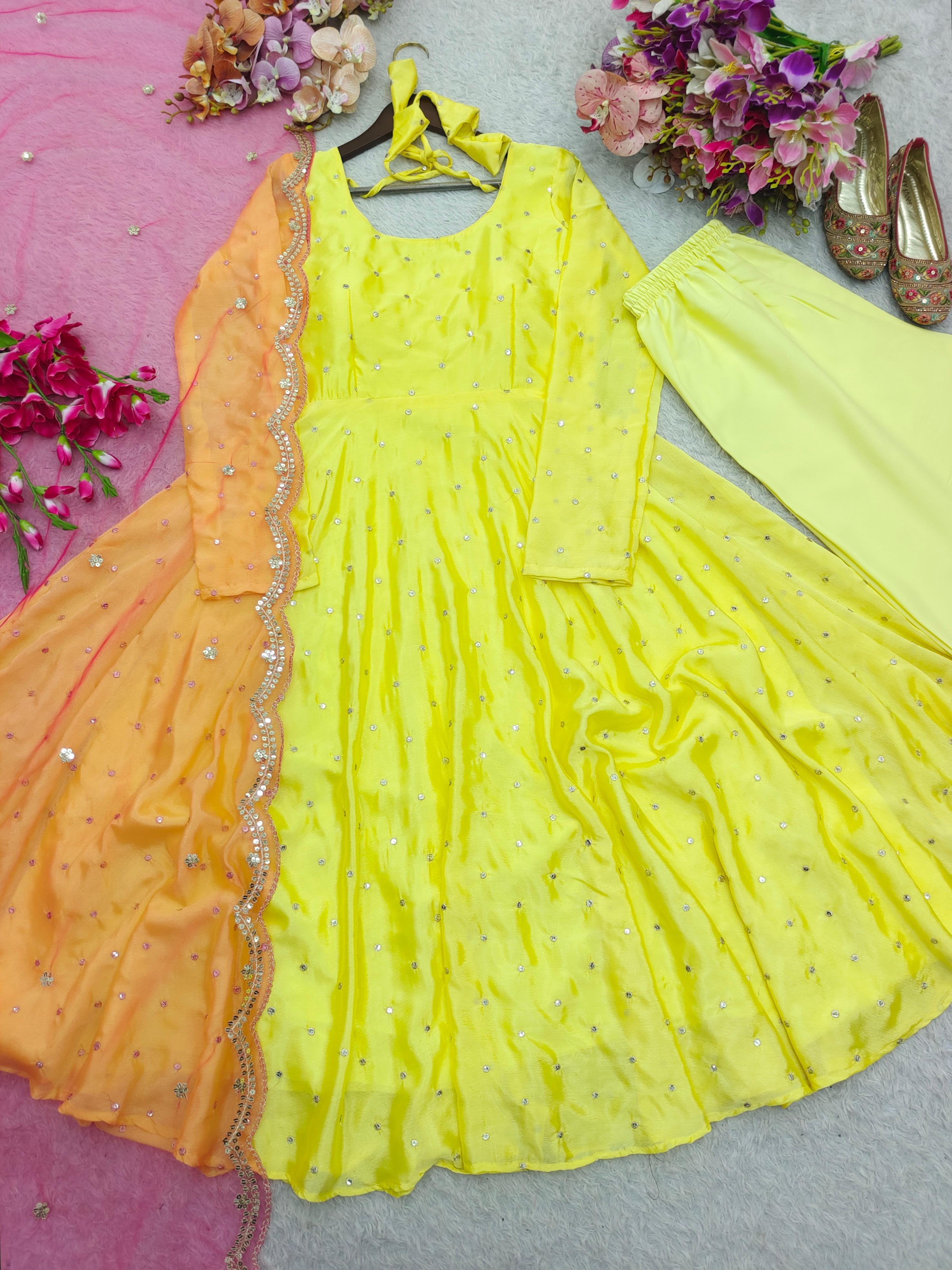 Marvelous Lemon Color Chinon Silk Work Gown