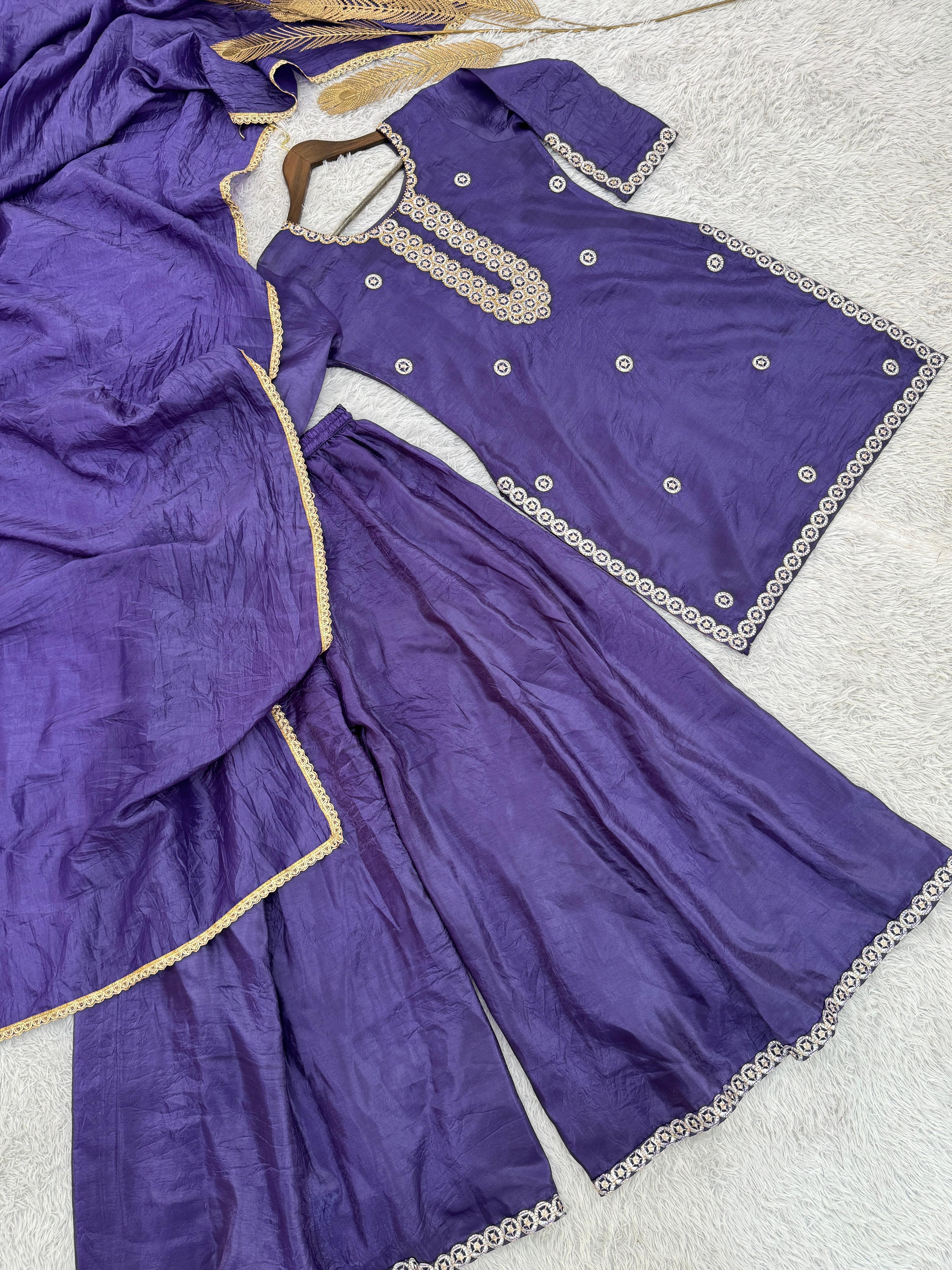 Marvelous Purple Crush Silk Embroidery Work Palazzo Suit