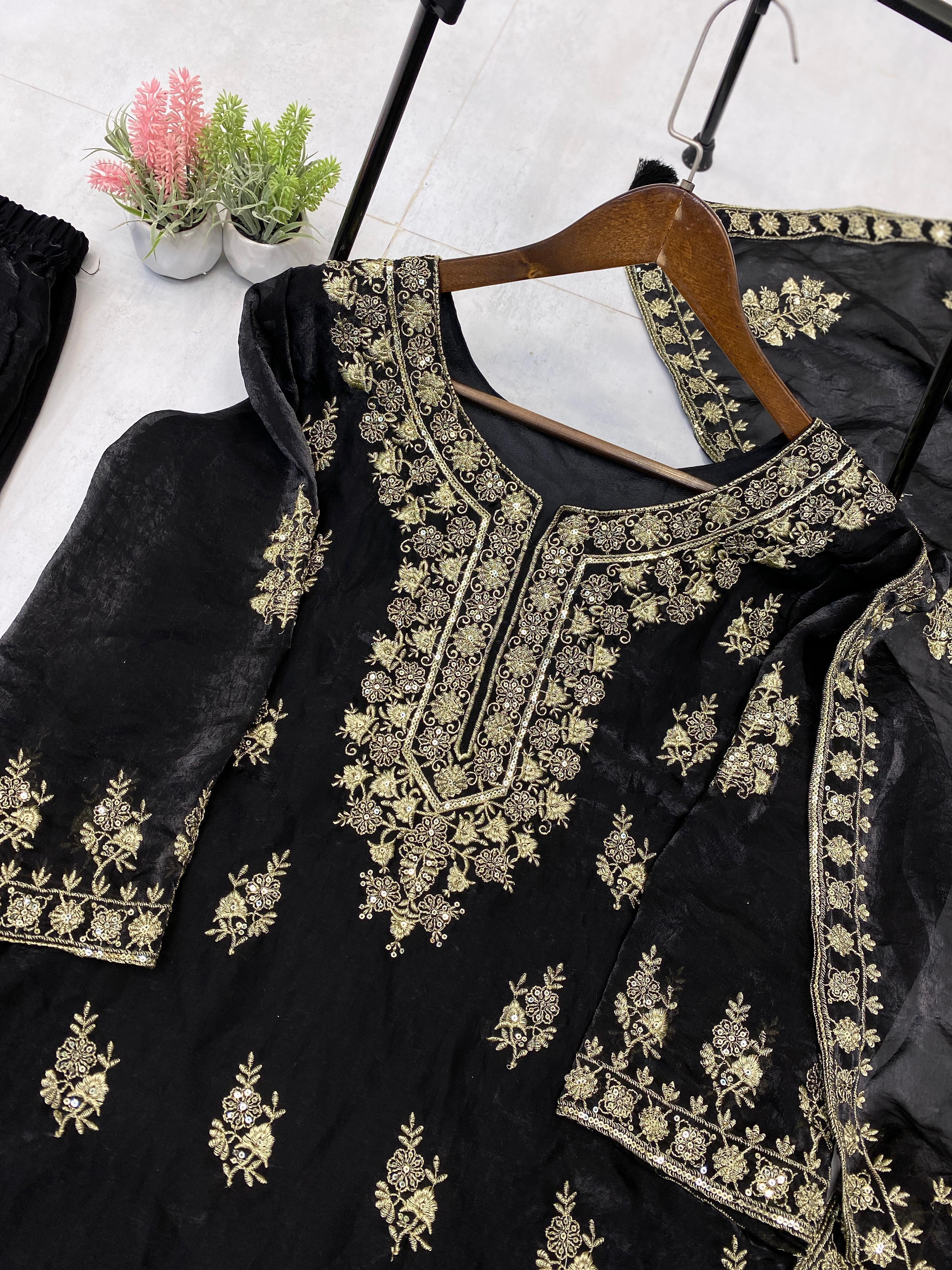 Lovely Black Fendy Embroidery Work Sharara Suit