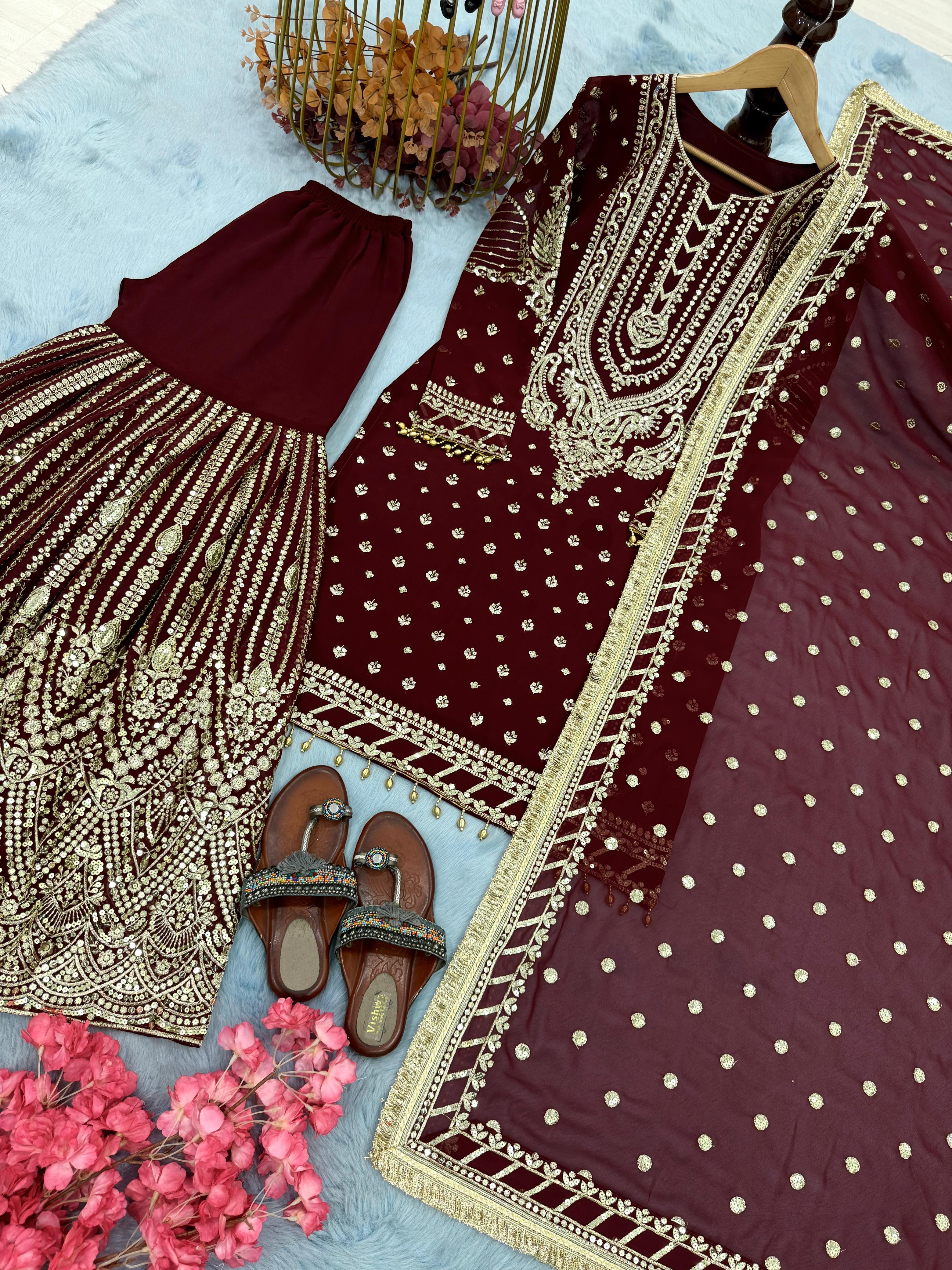 Ravishing Maroon Georgette Sequence Work Sharara Suit