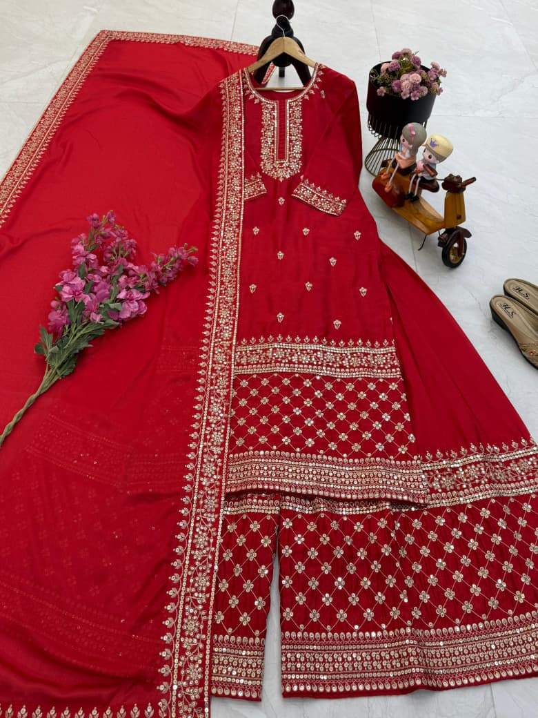 Stylish Red Color Embroidery Work Sharara Suit