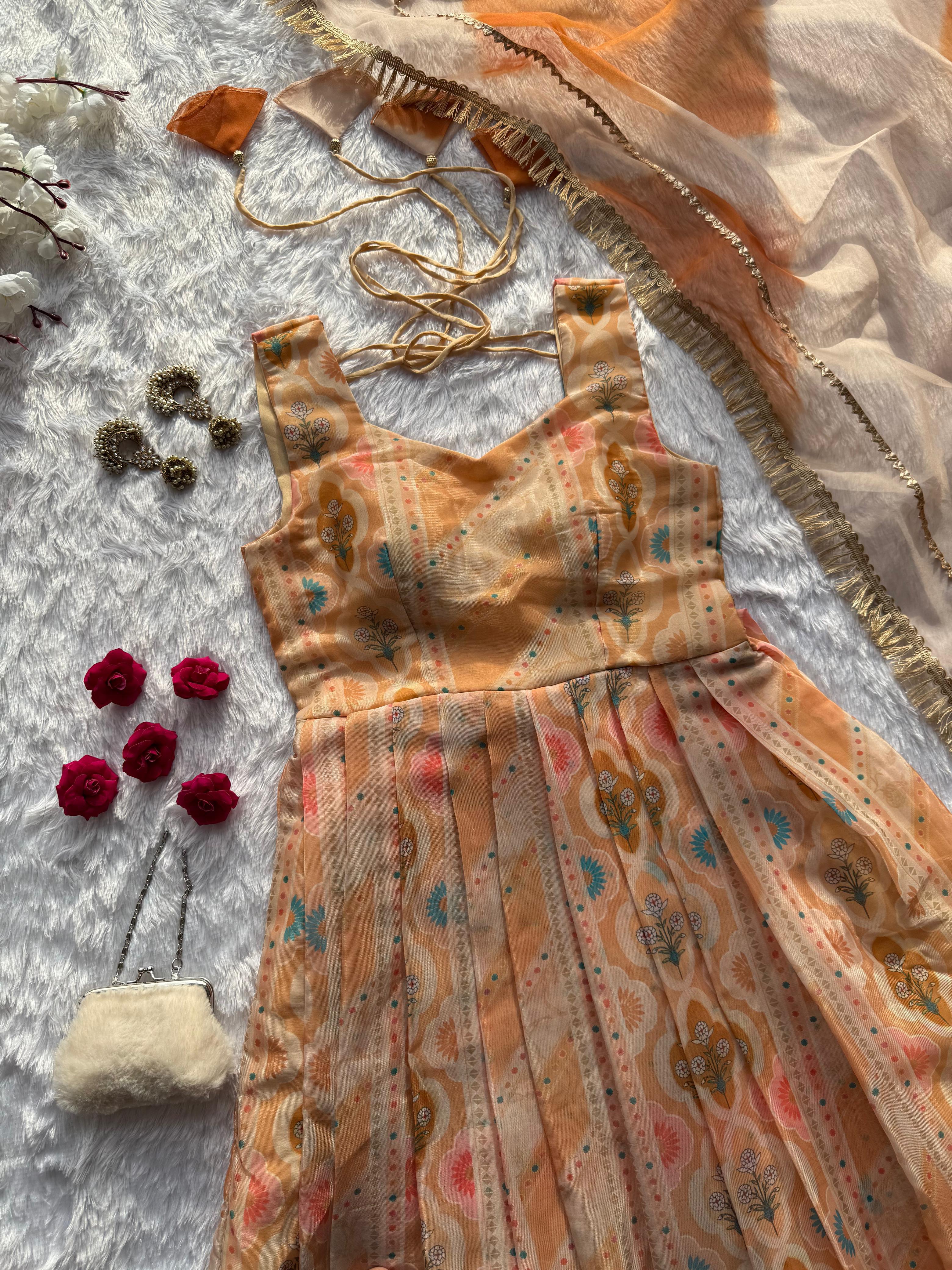 Lovely Peach Organza Digital Print Gown
