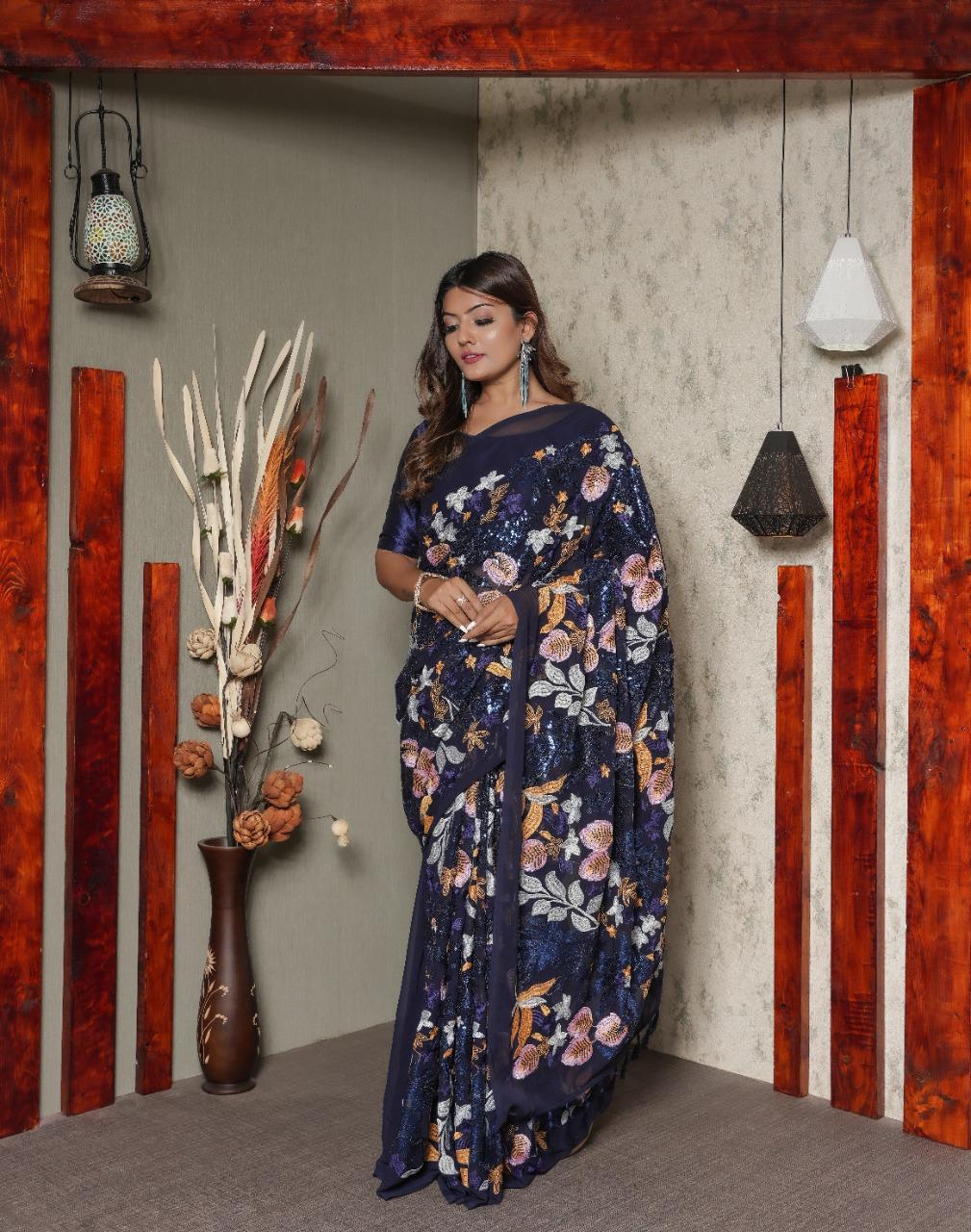 Heavy Multi-embroidered Sequence Work Navy Blue Color Saree