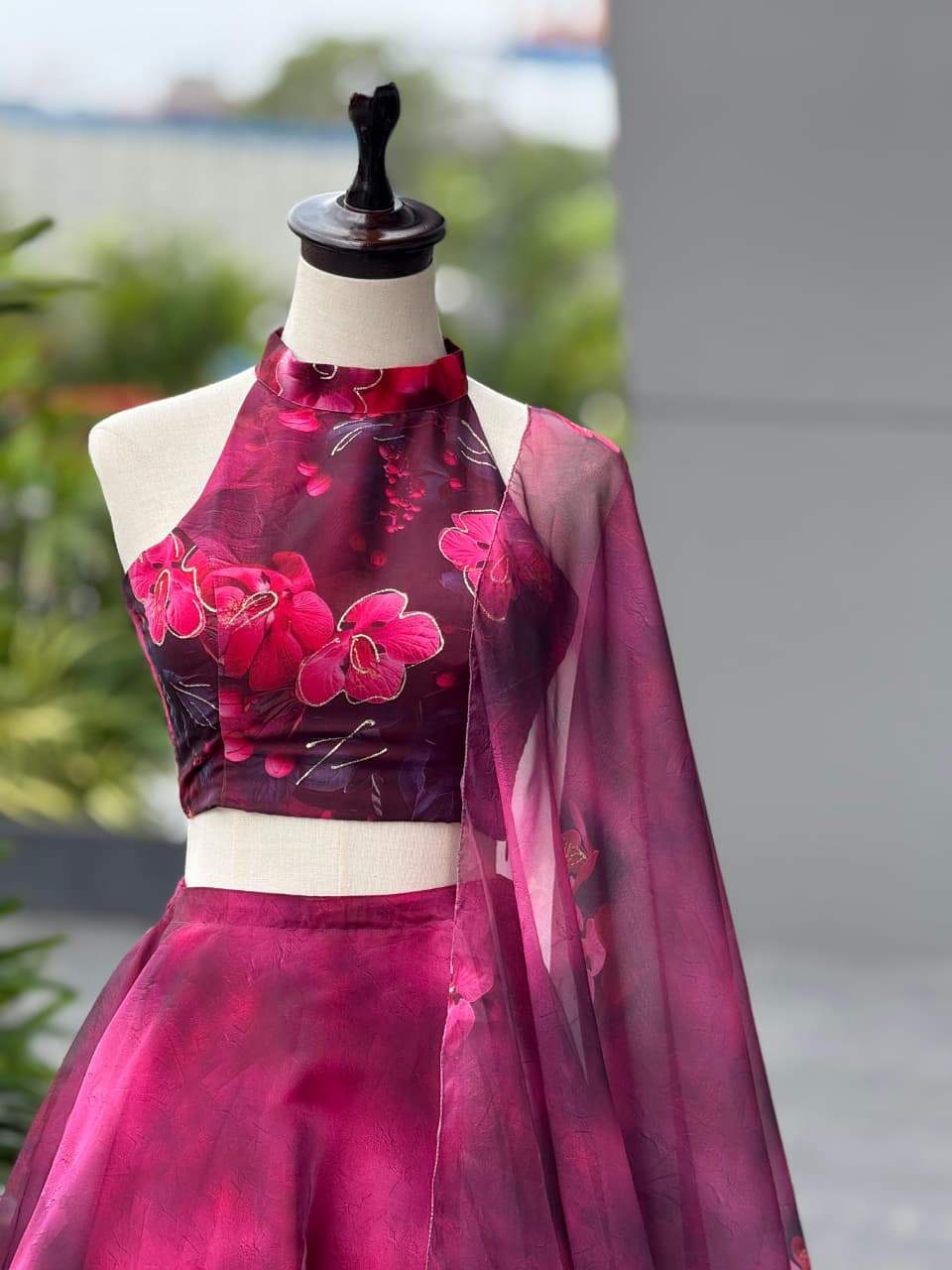 Lovely Pink Color Flower Printed Organza Lehenga Set