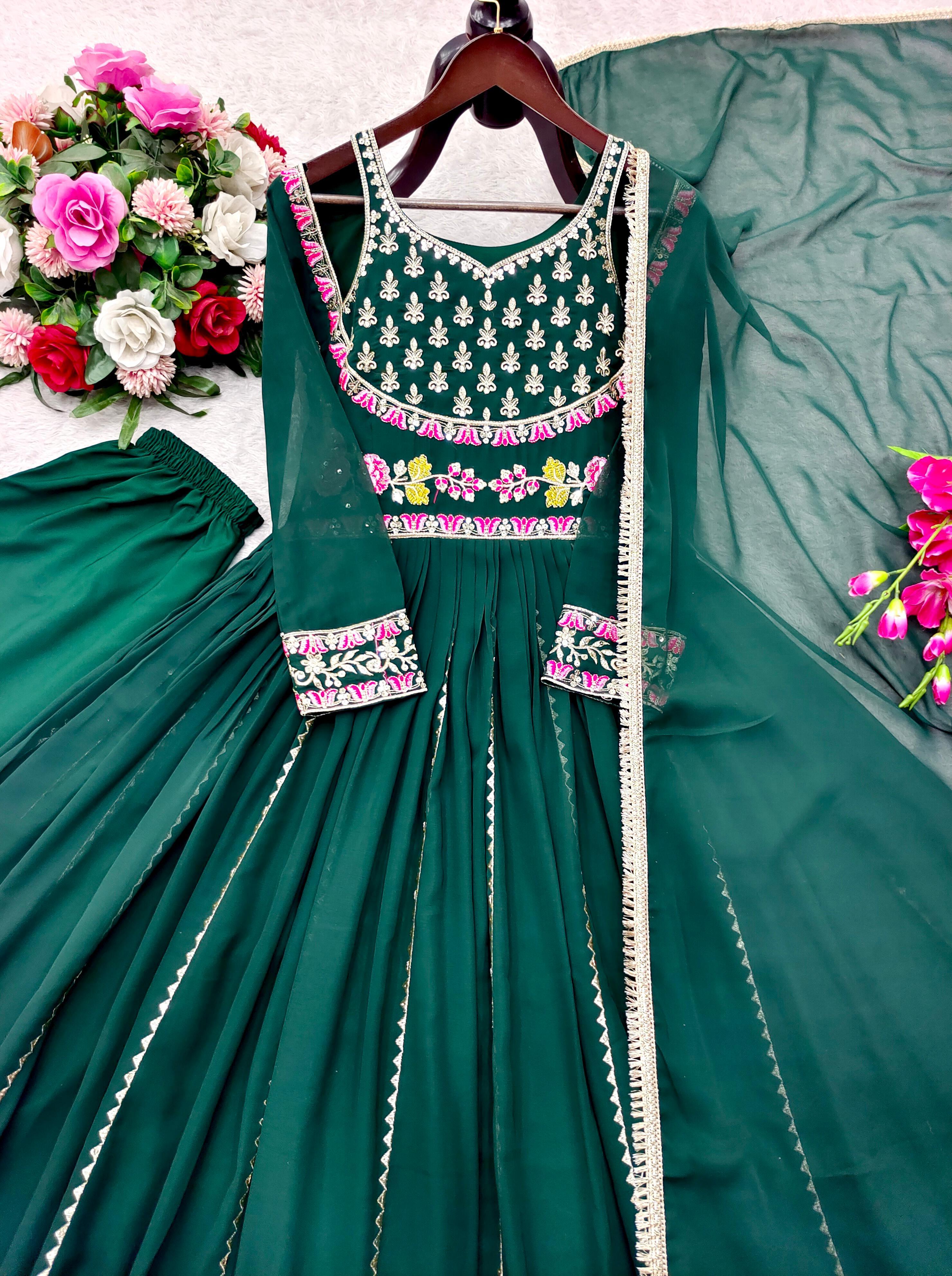 Beautiful Green Georgette Embroidered Designer Gown