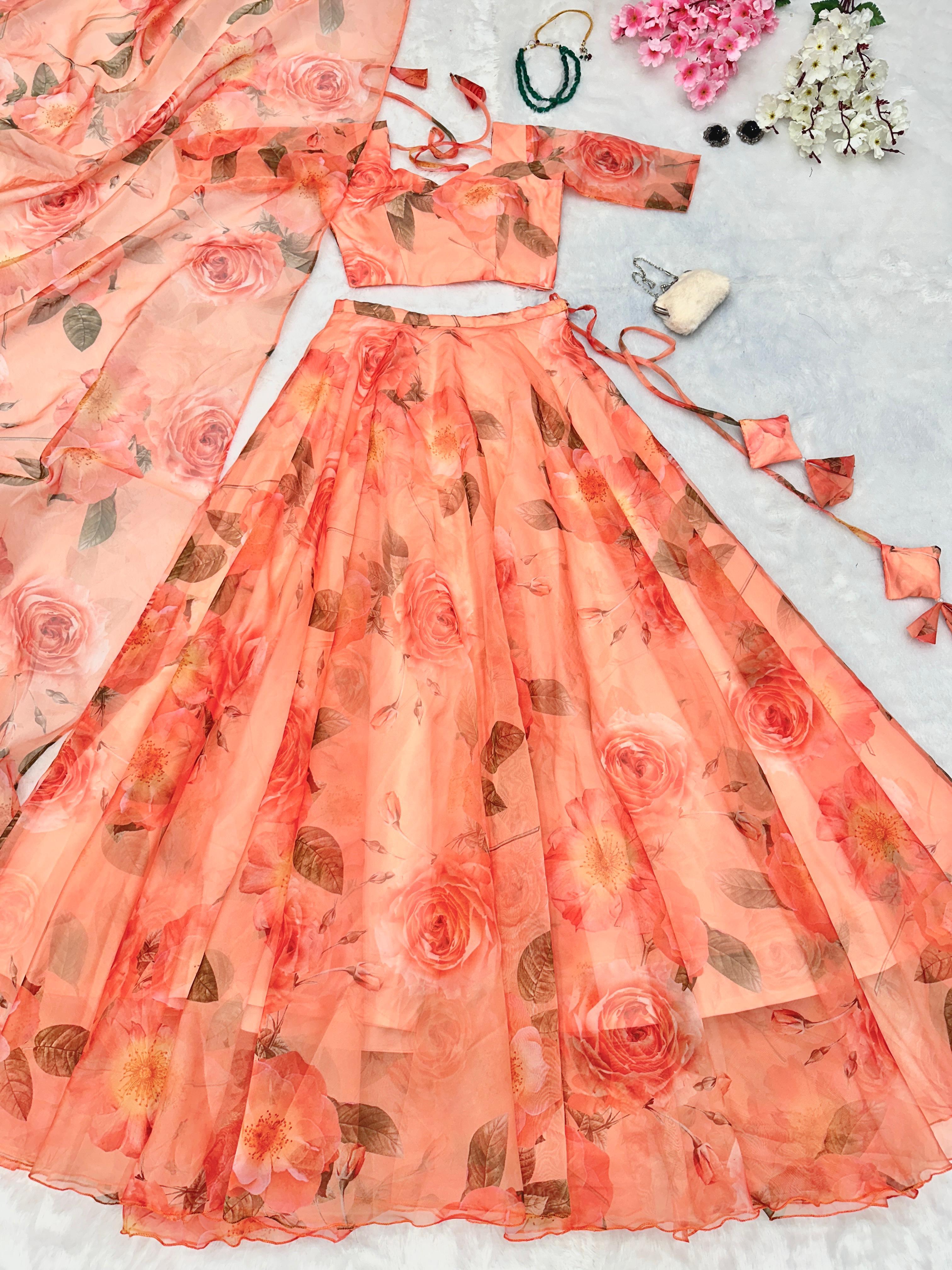 Ravishing White Color Organza Floral Printed Lehenga Choli