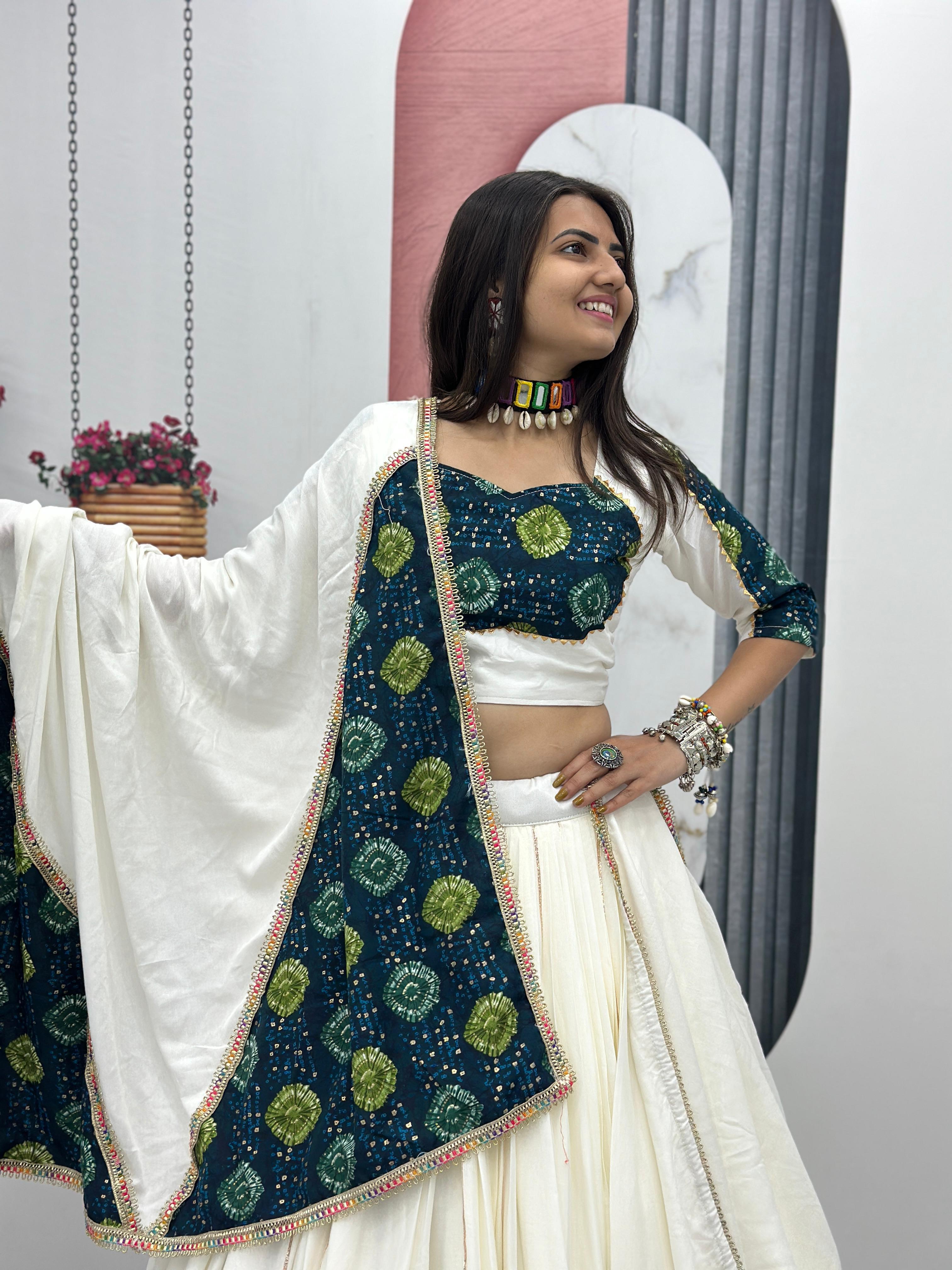 White Color Ajrakh Print Lehenga Choli For Navratri Wear