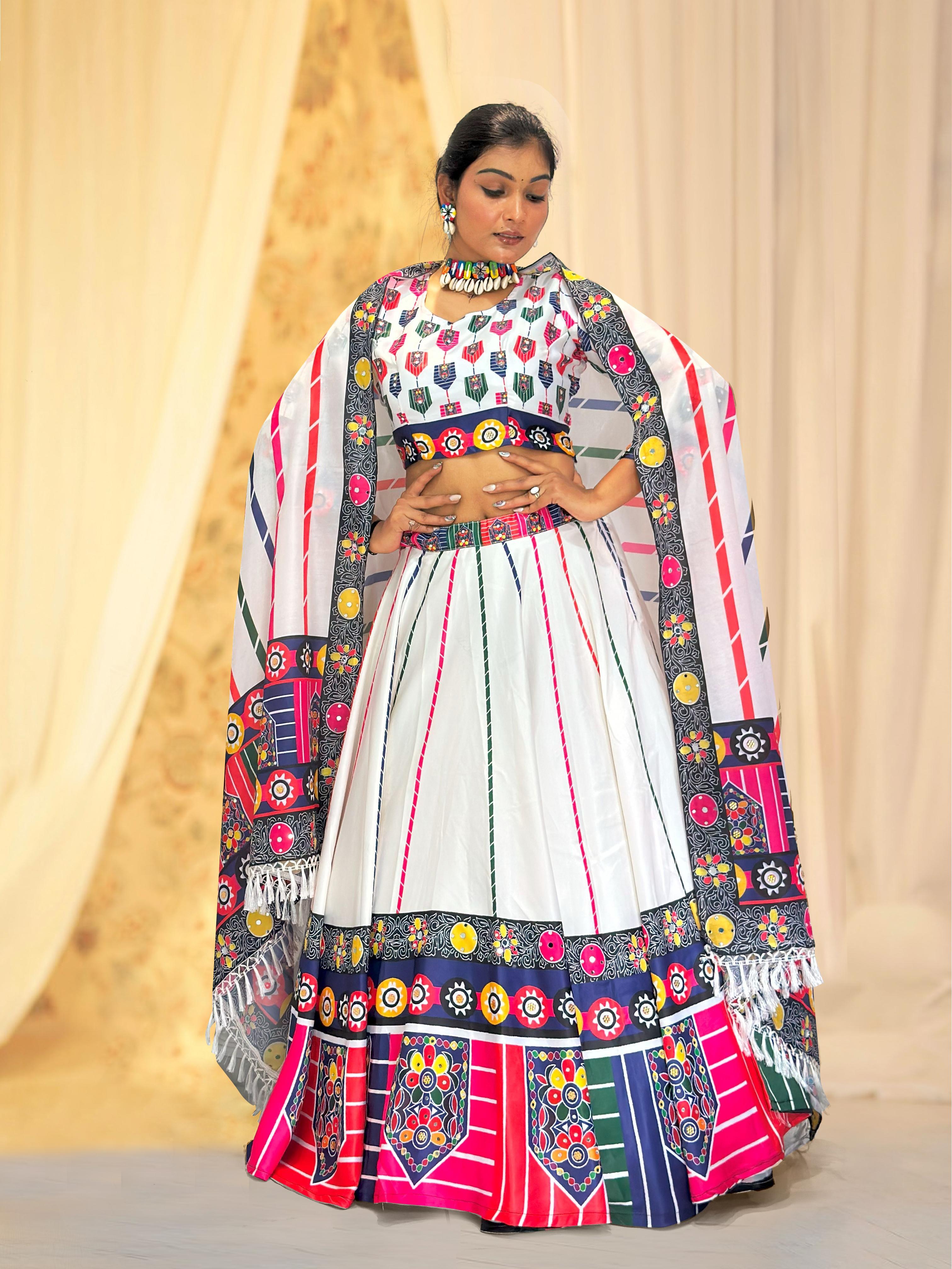 Lovely White Satin Digital Print Lehenga Choli