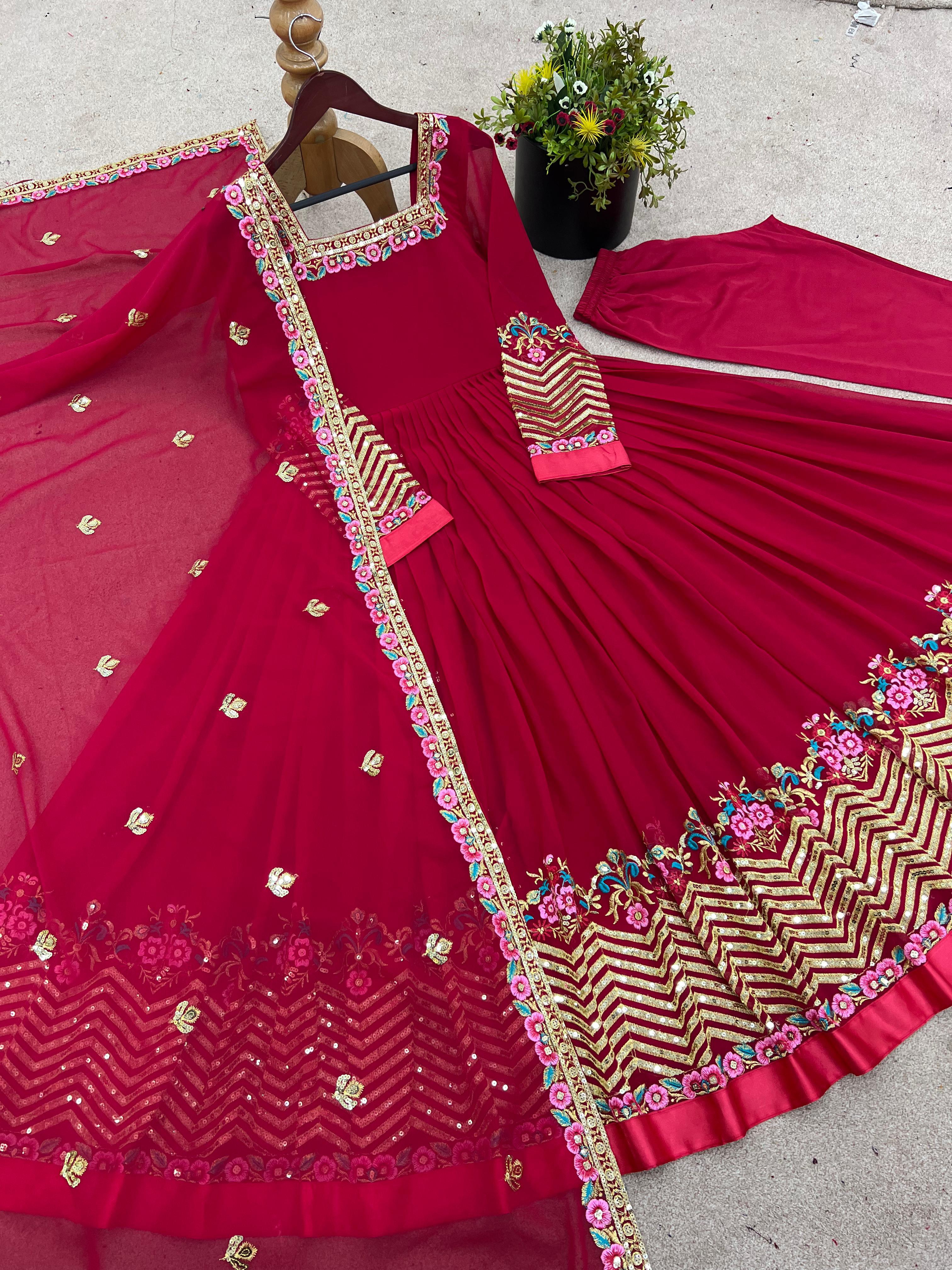 Trendy Red Georgette Embroidery Work Gown