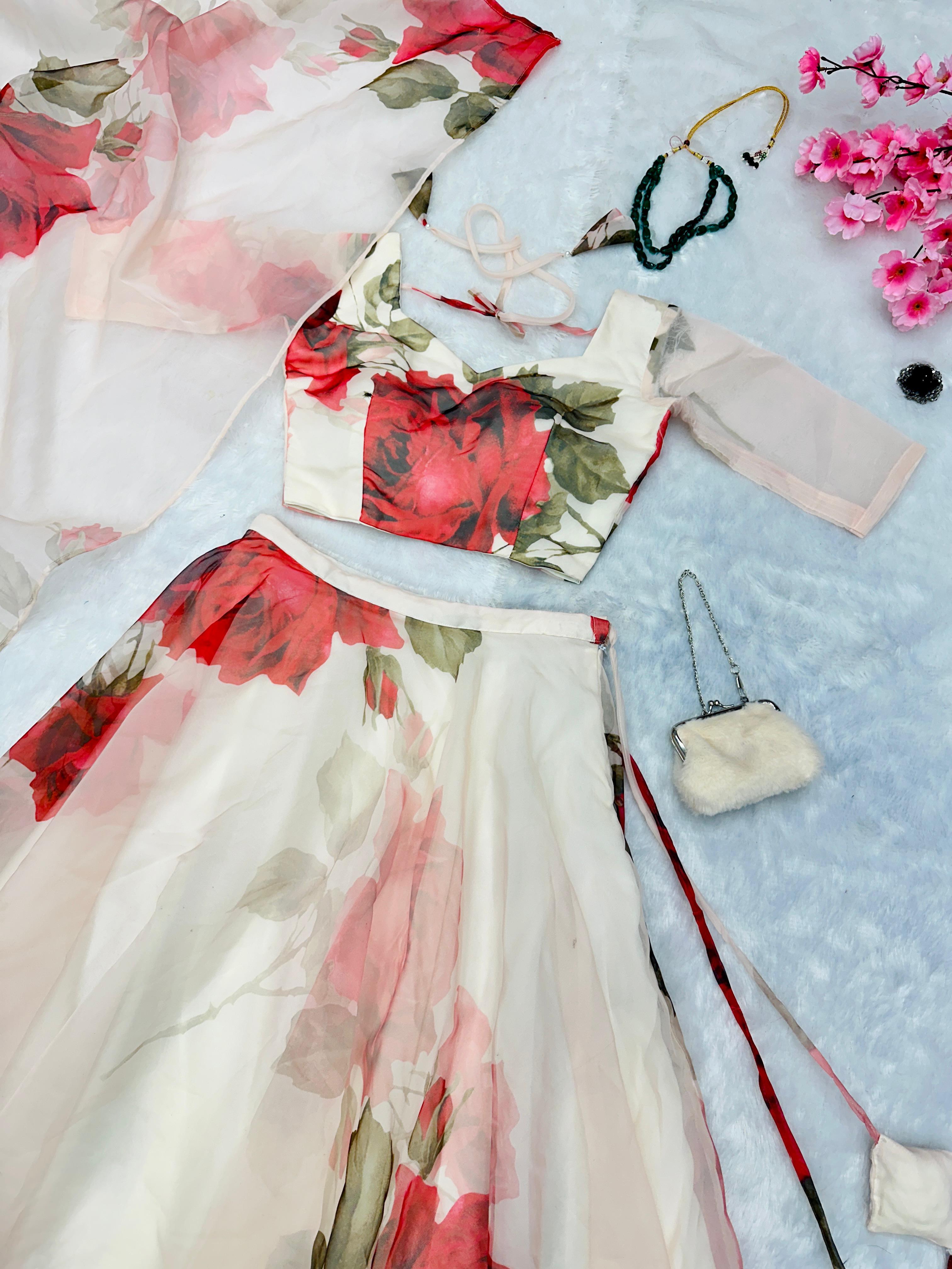 Ravishing White Color Organza Floral Printed Lehenga Choli