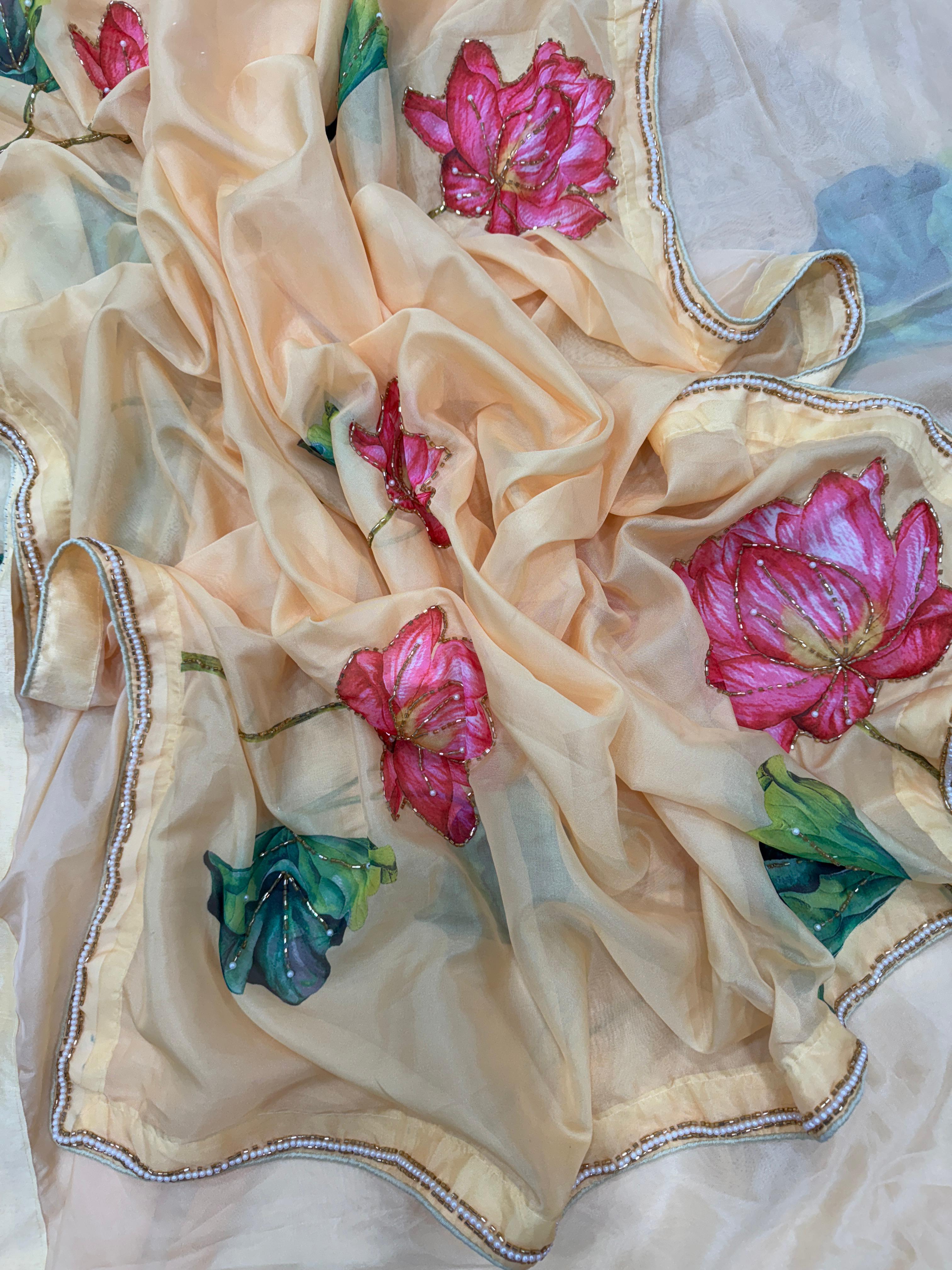Party Wear Yellow Floral Printed Silk Saree