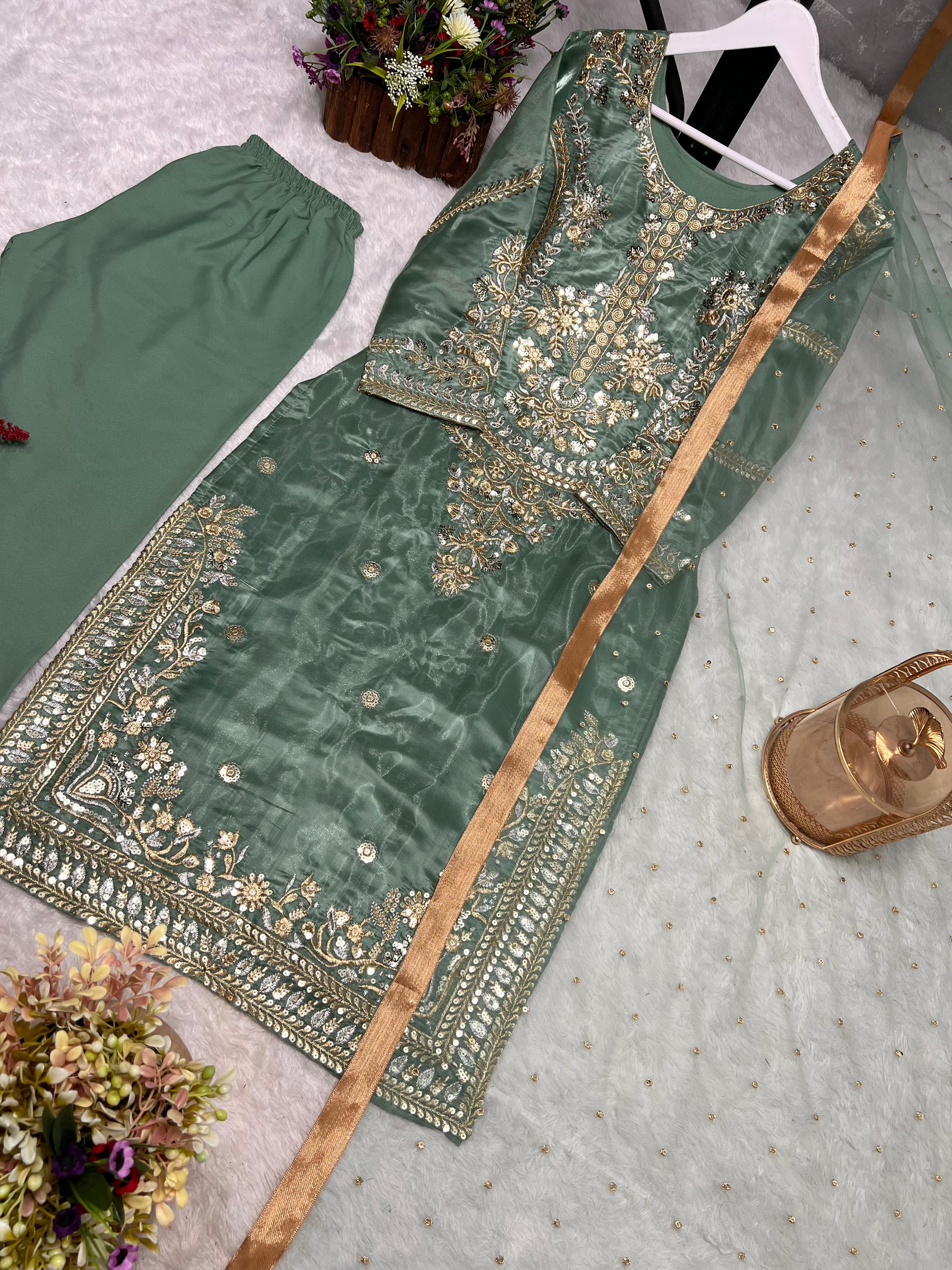 Daisy Pista Color Silk Embroidery Anarkali Suit