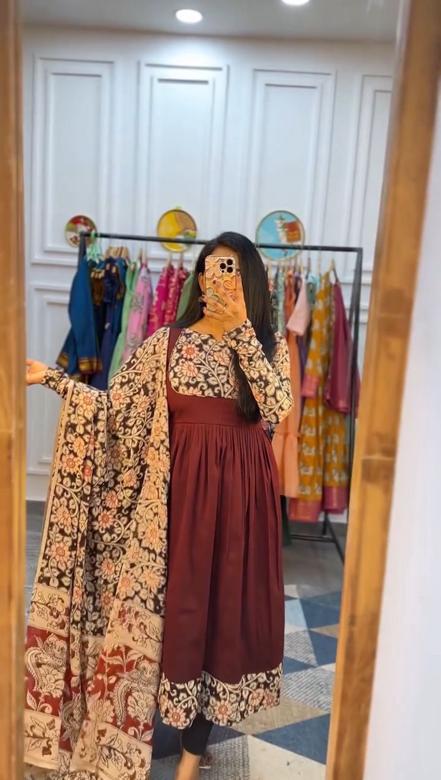 Stylish Peach Rayon Cotton Kalamkari Print Gown