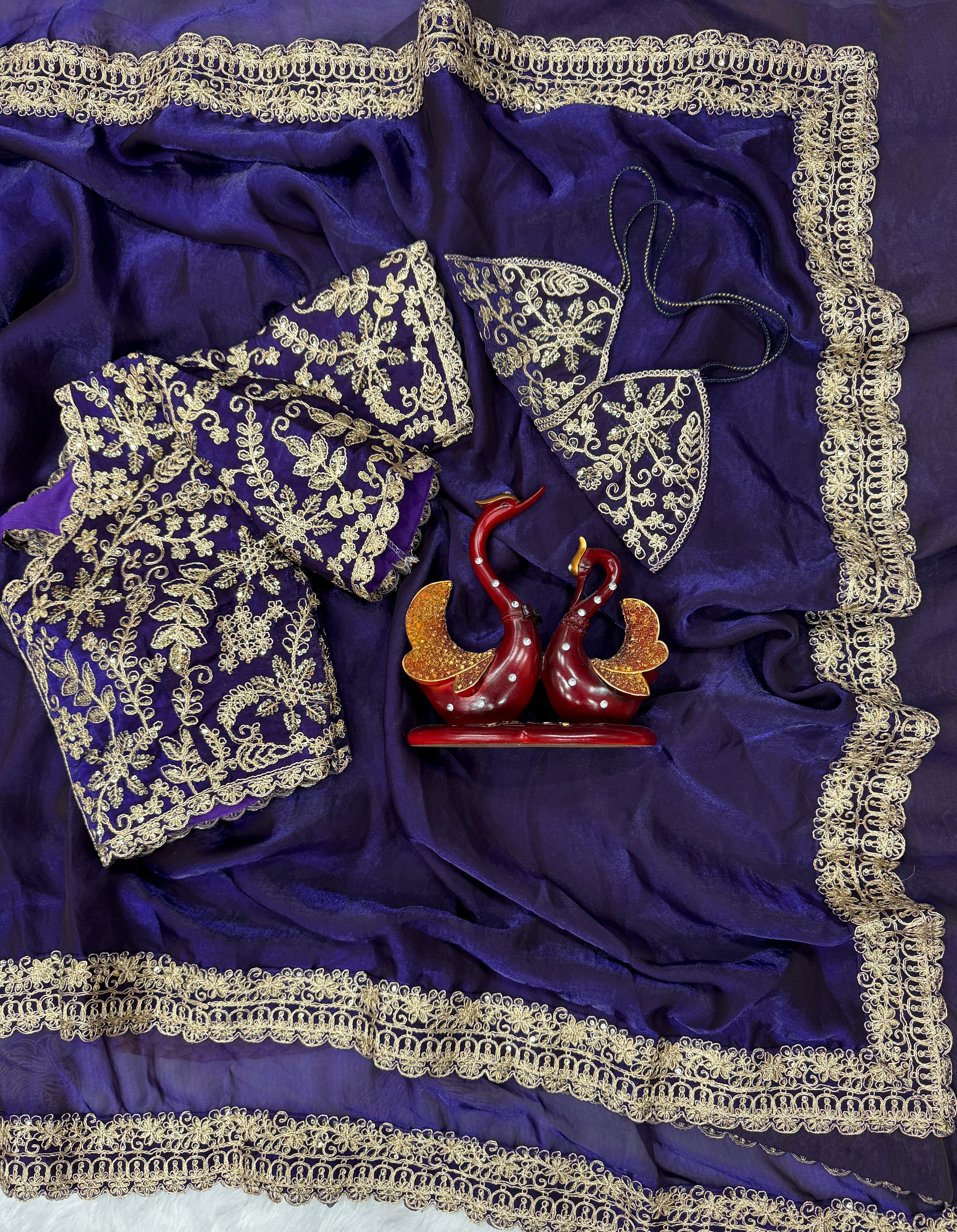 Amazing Purple Embroidery Work Silk Saree