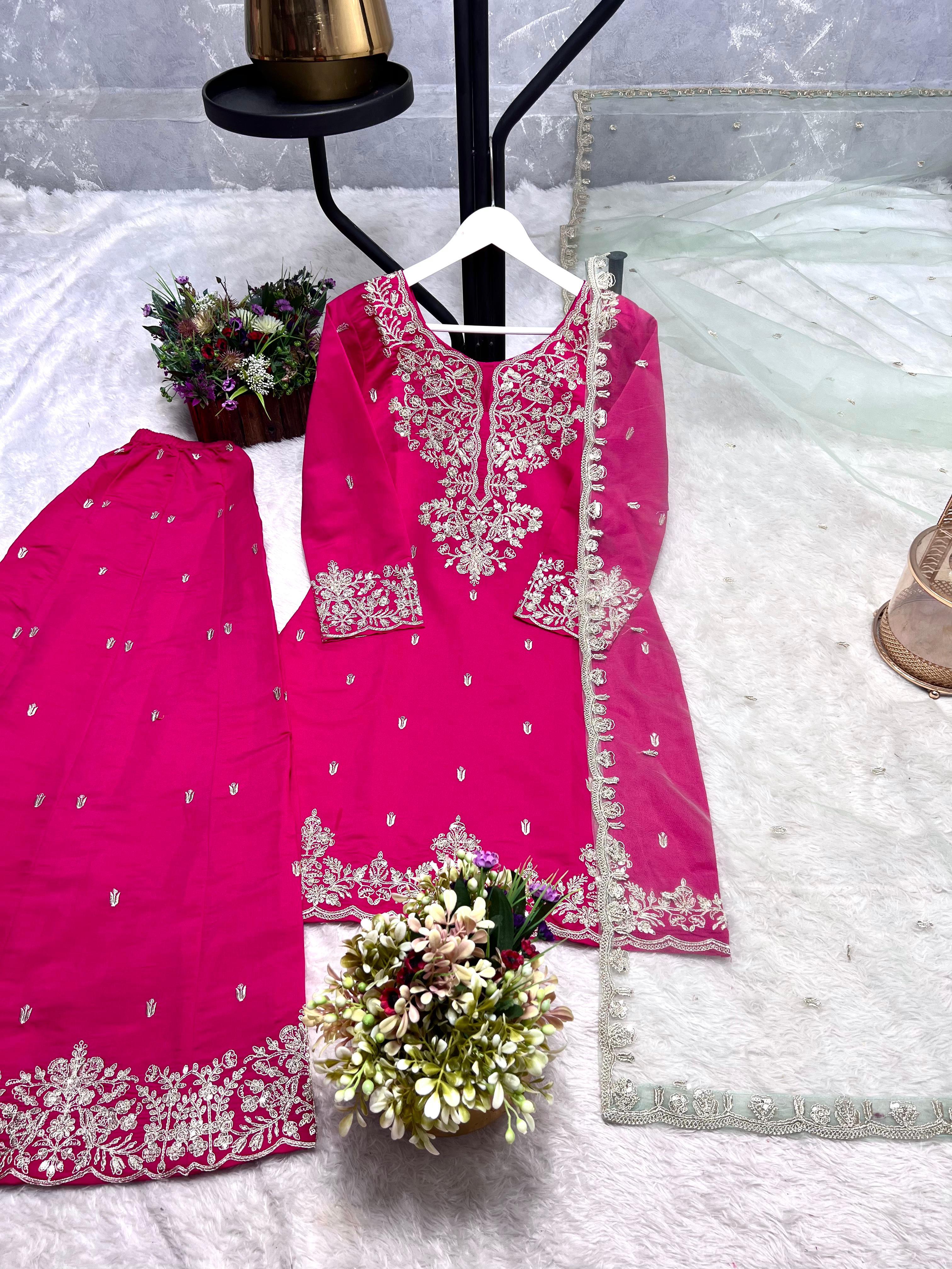 Gorgeous Pink Silk With Sequence Work Palazzo Suit
