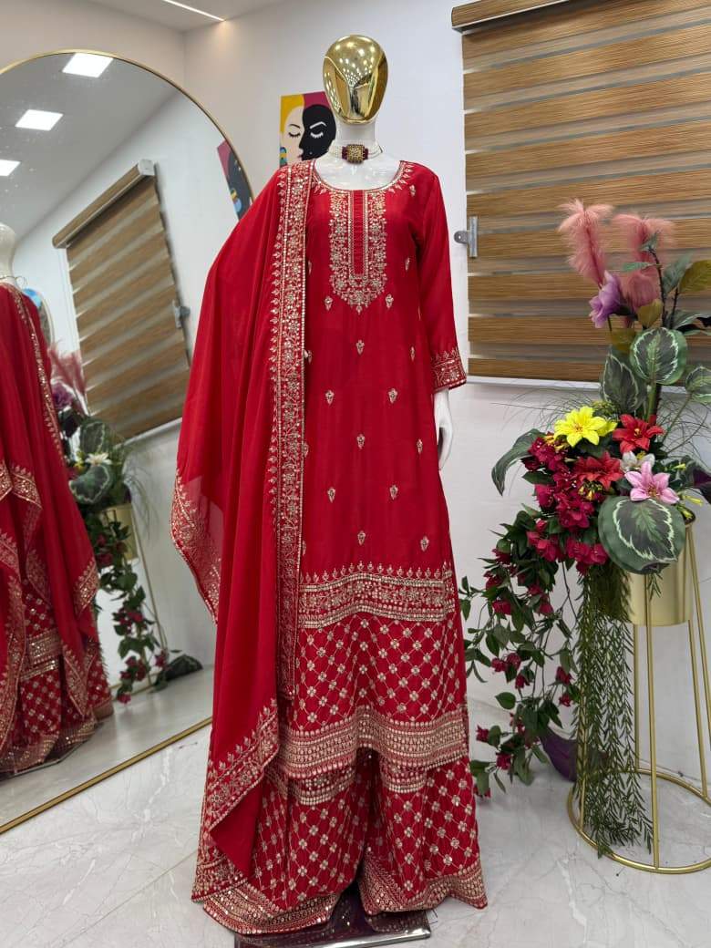 Stylish Red Color Embroidery Work Sharara Suit