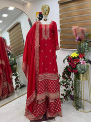 Stylish Red Color Embroidery Work Sharara Suit