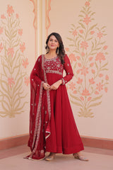 Awesome Red Color Beads With Embroidery Work Gown