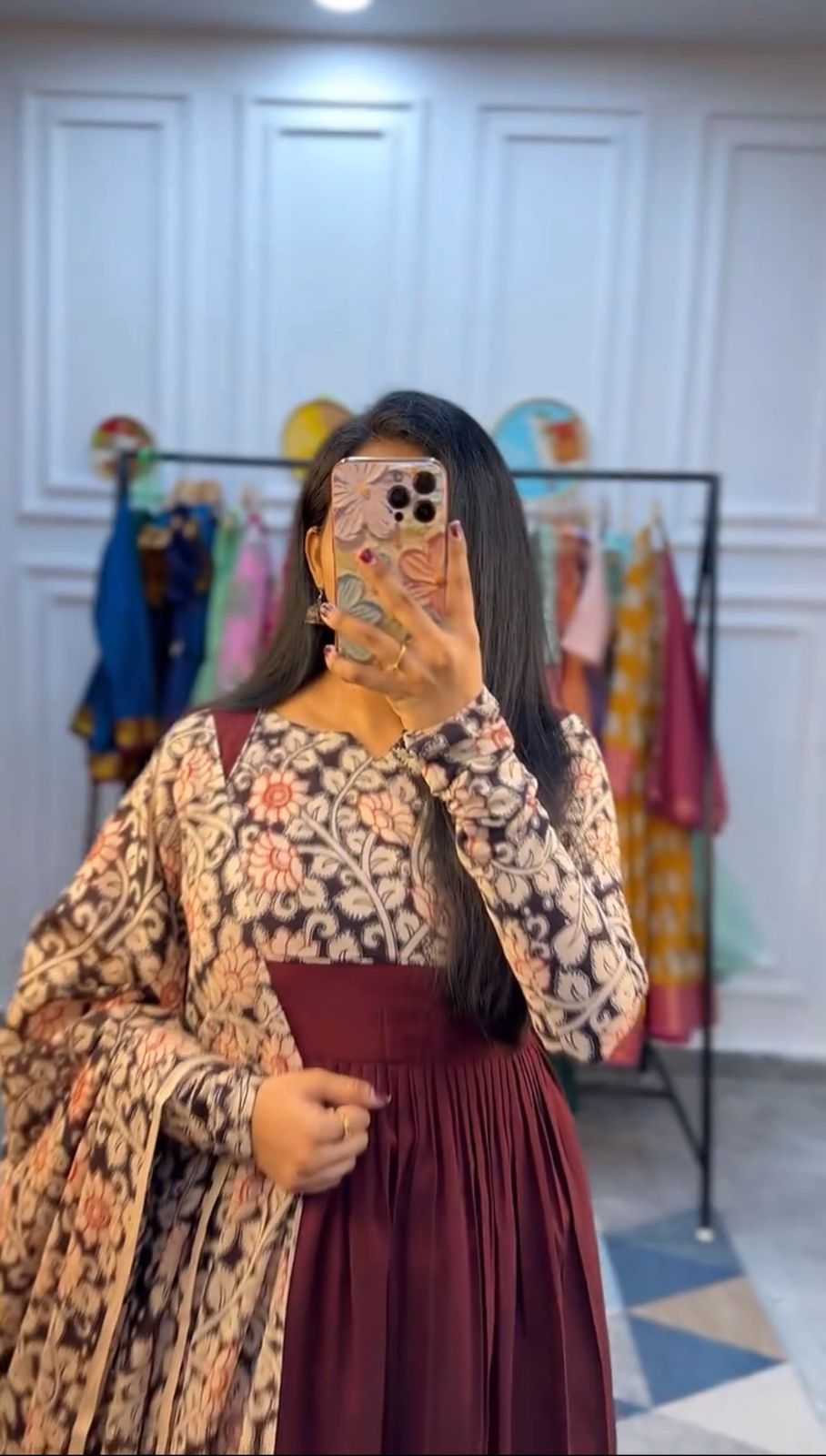 Stylish Peach Rayon Cotton Kalamkari Print Gown