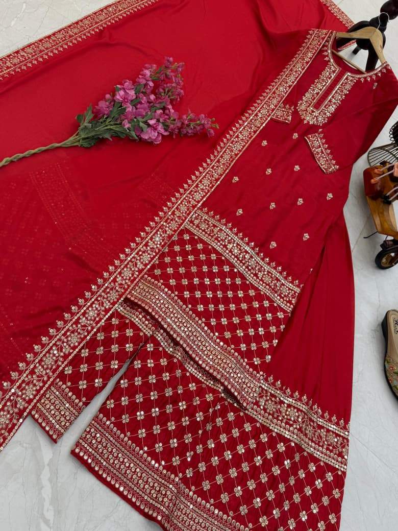 Stylish Red Color Embroidery Work Sharara Suit