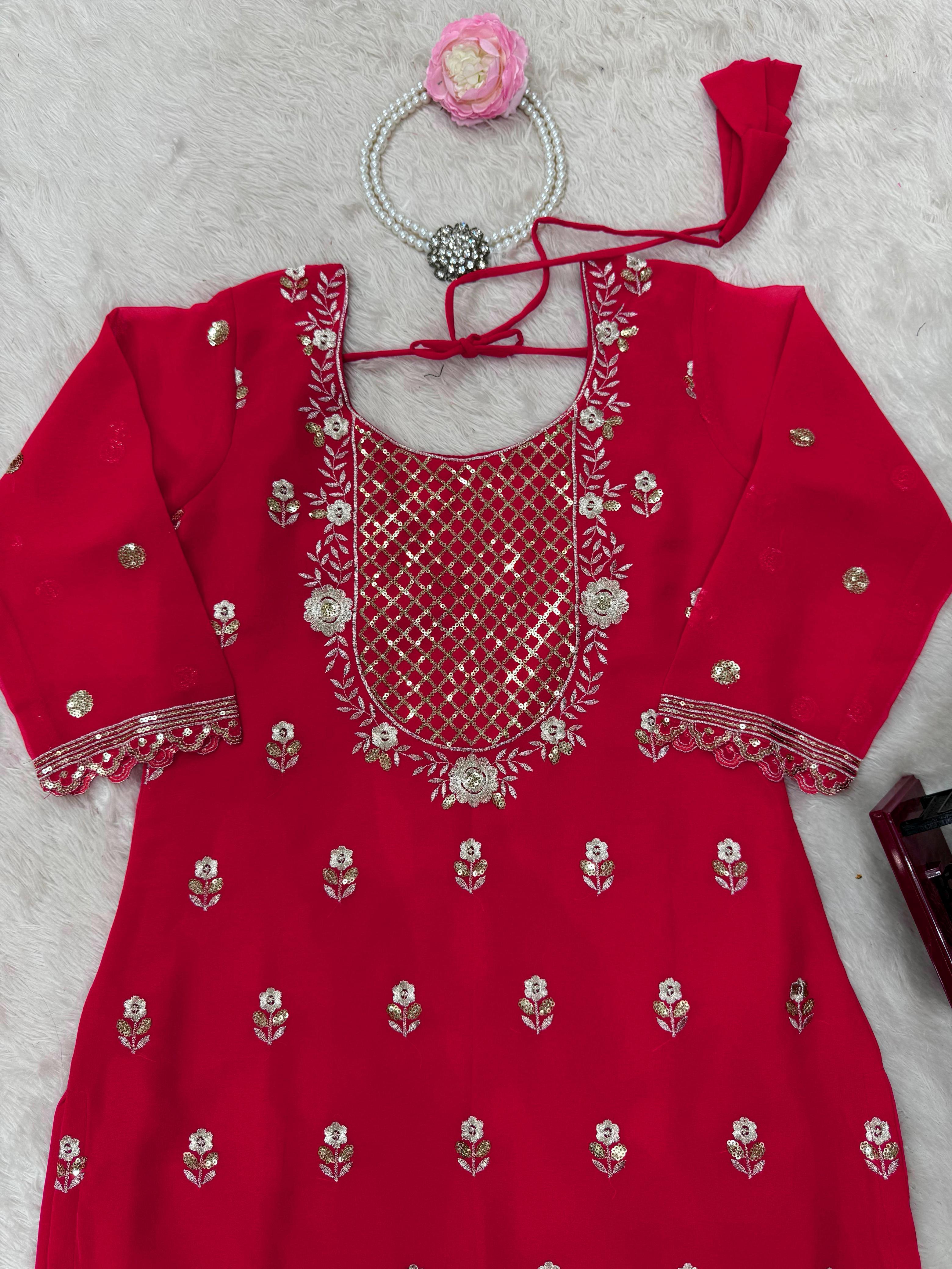 Daisy Red Georgette Thread Work Sharara Suit