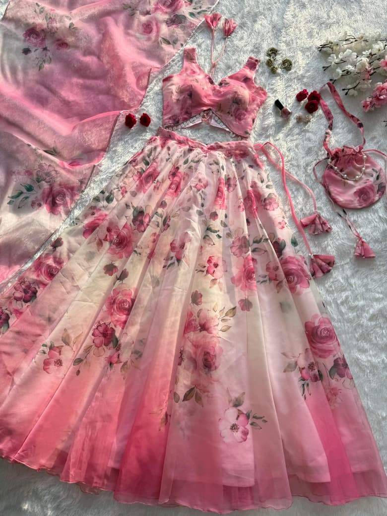Fancy Pink Color Organza Digital Printed Lehenga Choli