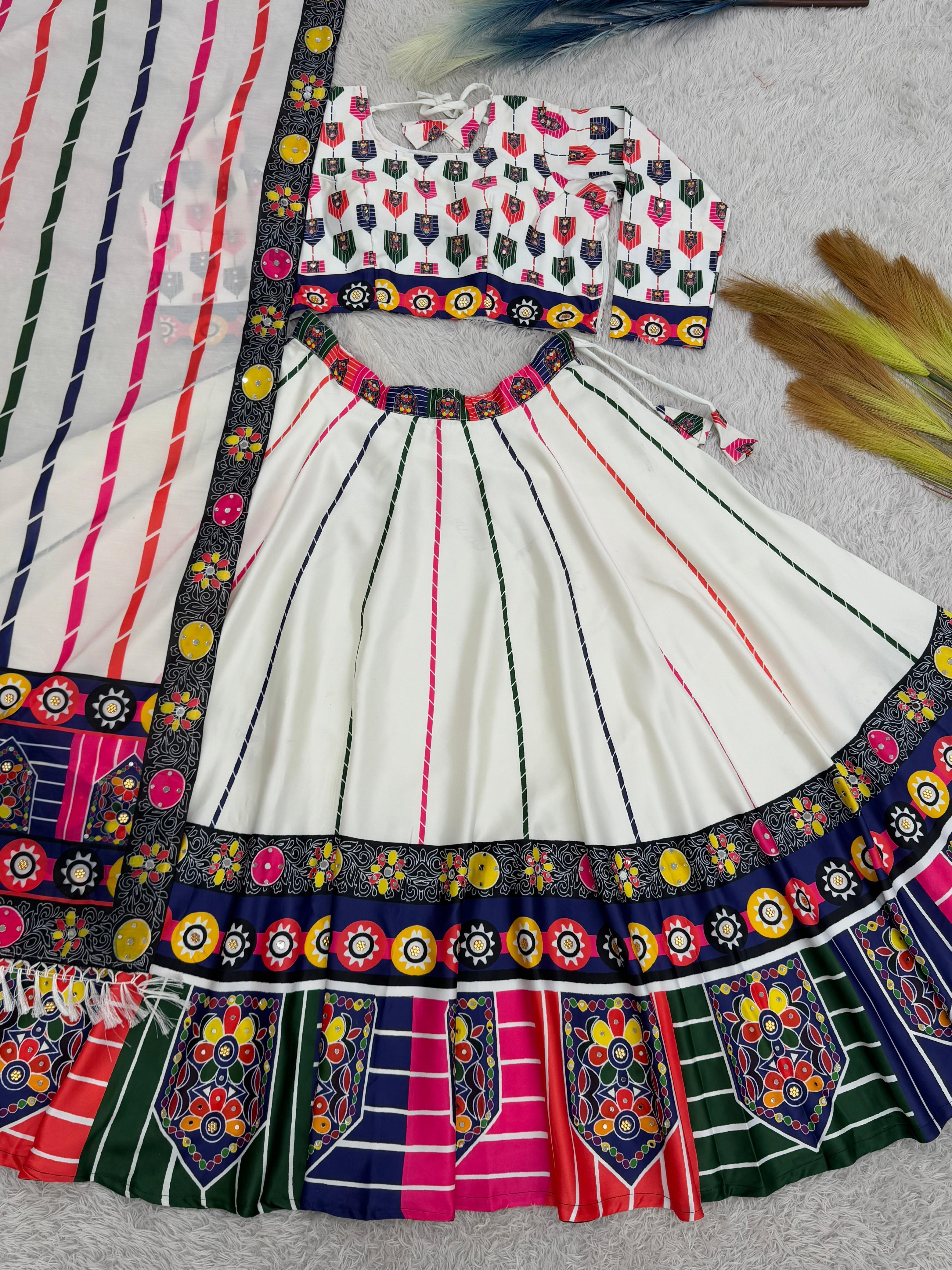 Lovely White Satin Digital Print Lehenga Choli
