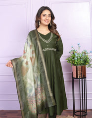 Fantastic Round Neck Silk Navy Blue Anarkali Suit