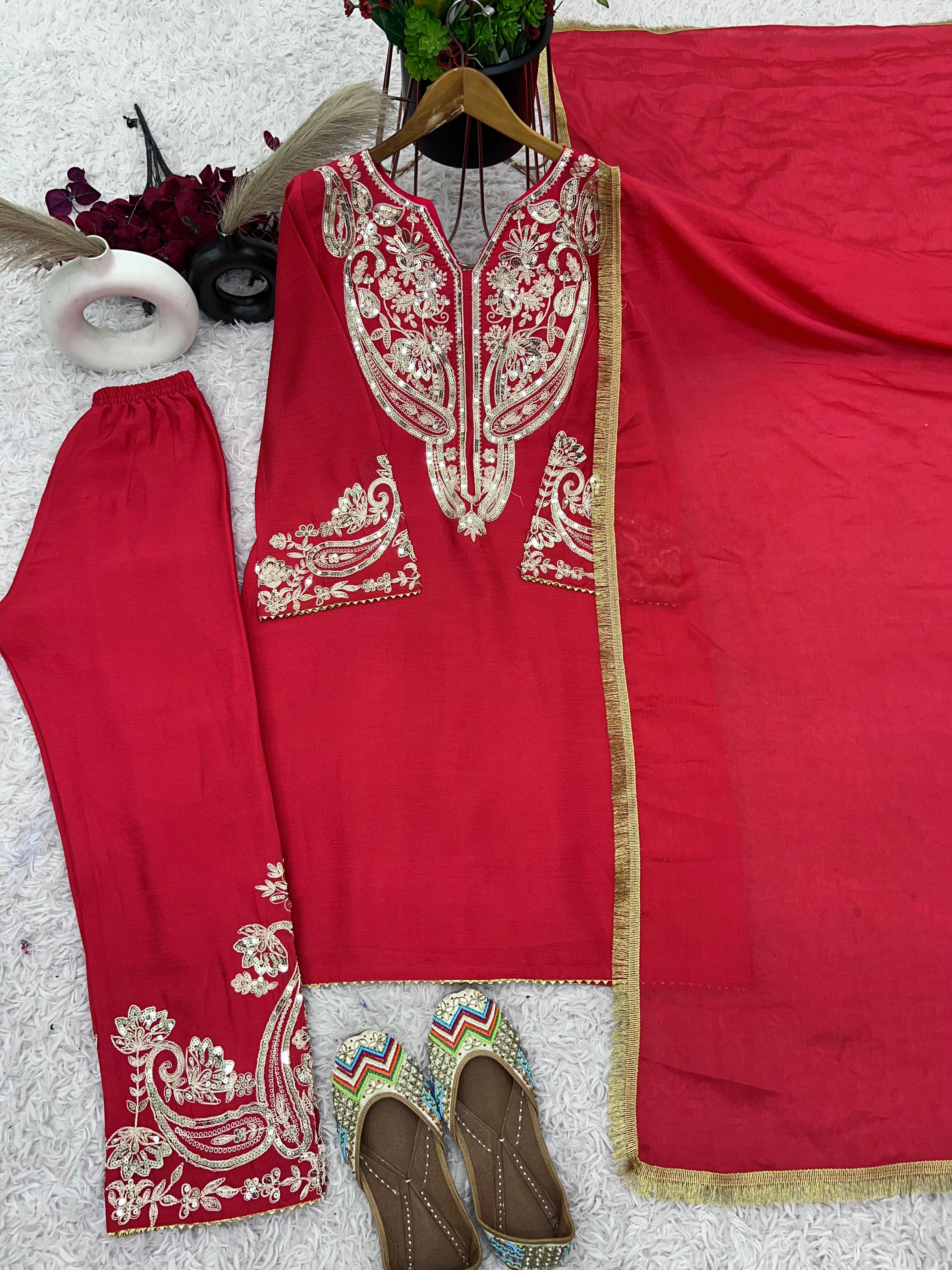 Presenting Pure Chinnon Silk With Embroidery Sequence Work Red color Top-Bottom