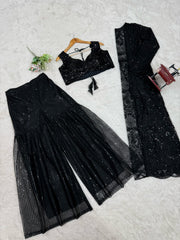 Designer Butterfly Net Black Color Palazzo Choli With Shrug