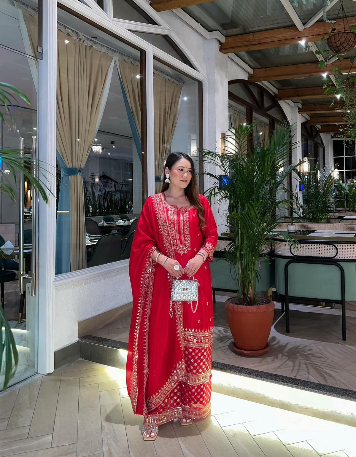 Stylish Red Color Embroidery Work Sharara Suit