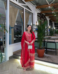 Stylish Red Color Embroidery Work Sharara Suit