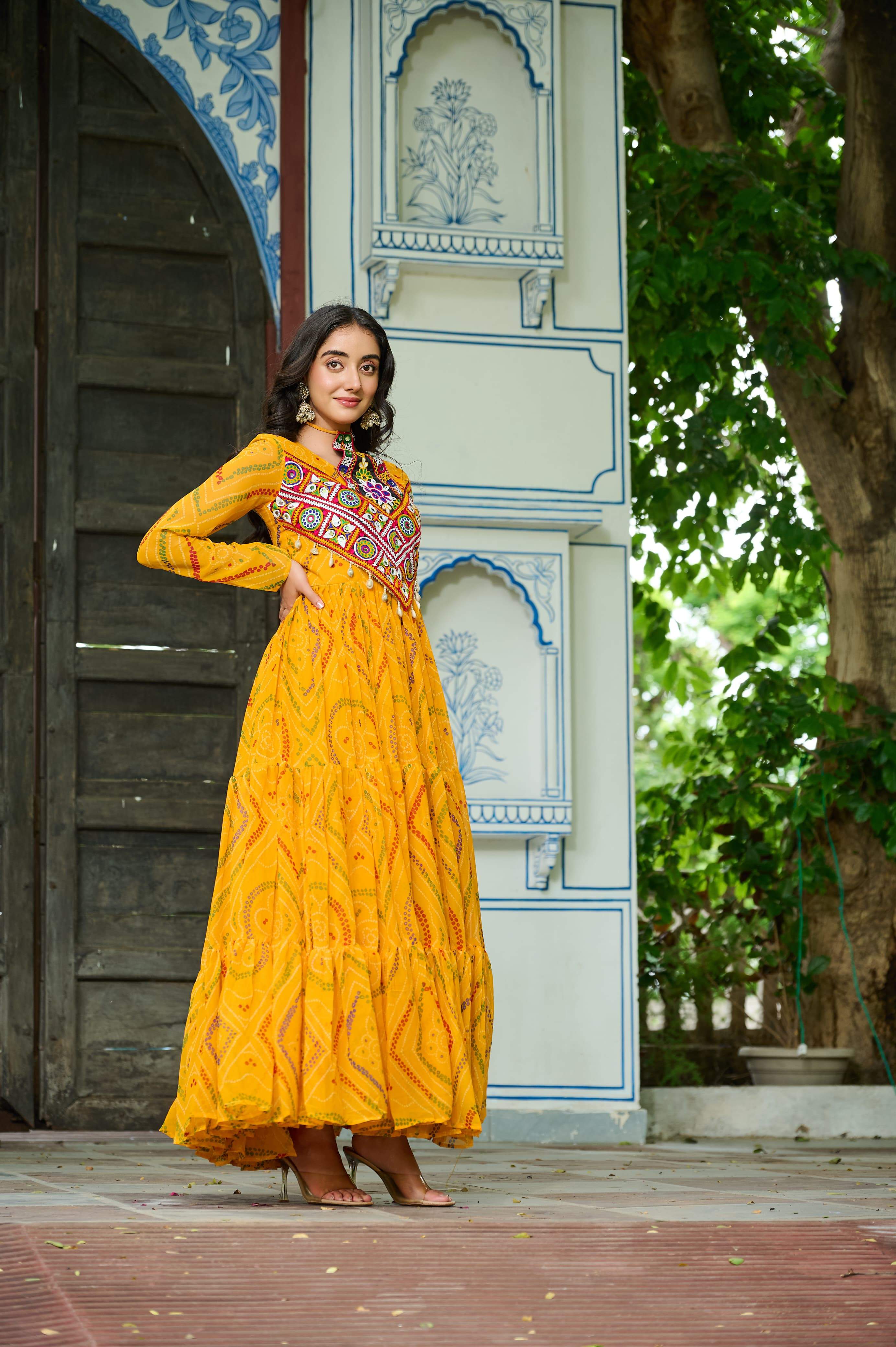 Pretty Pink Georgette Kutchi Work Gown For Navratri