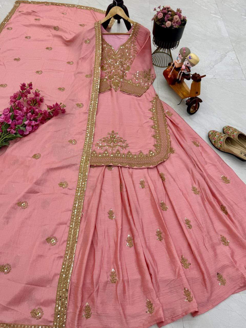 Ravishing Pink Chinon Silk Sequence Work Top With Lehenga
