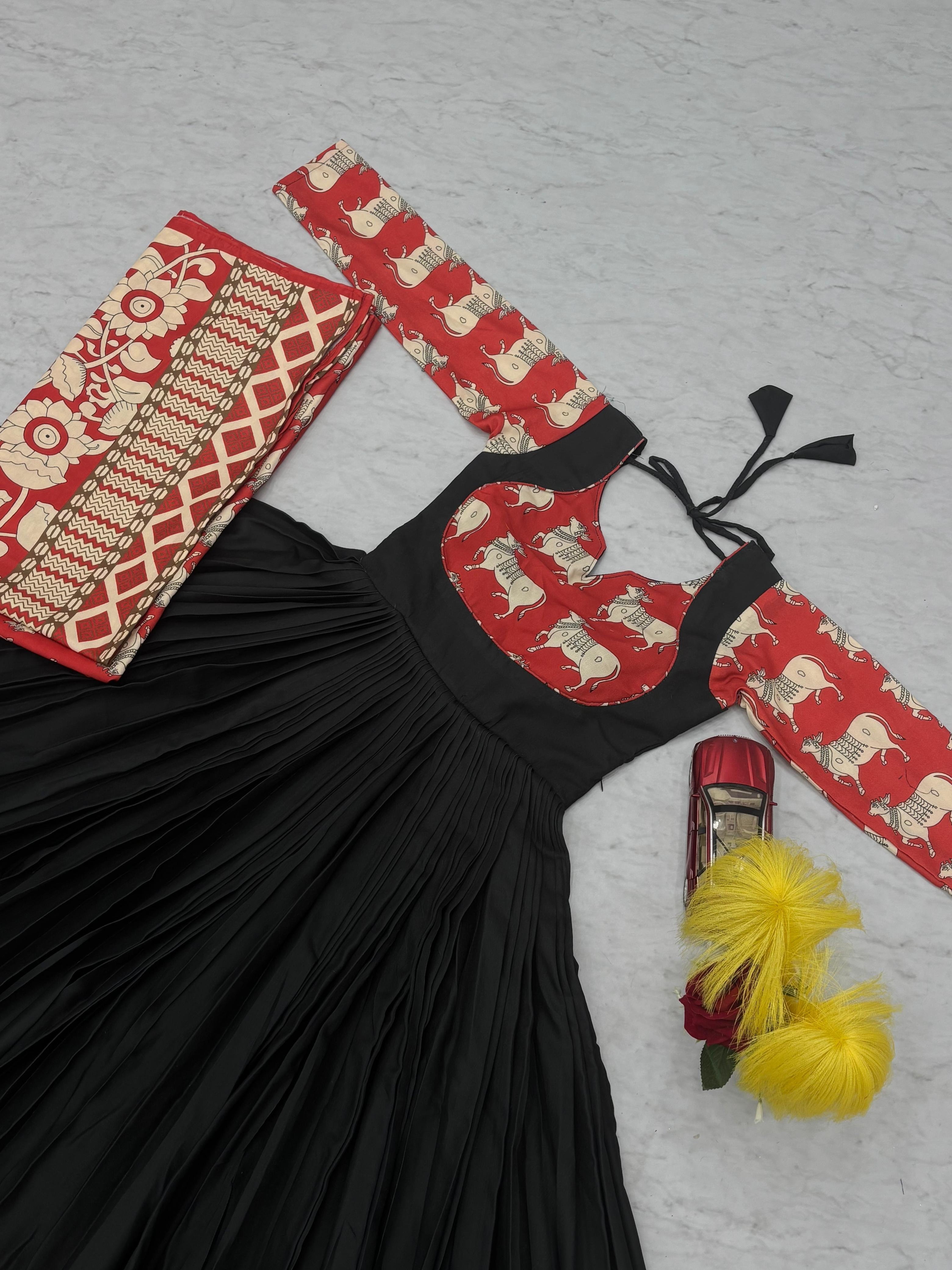 Stylish Peach Rayon Cotton Kalamkari Print Gown