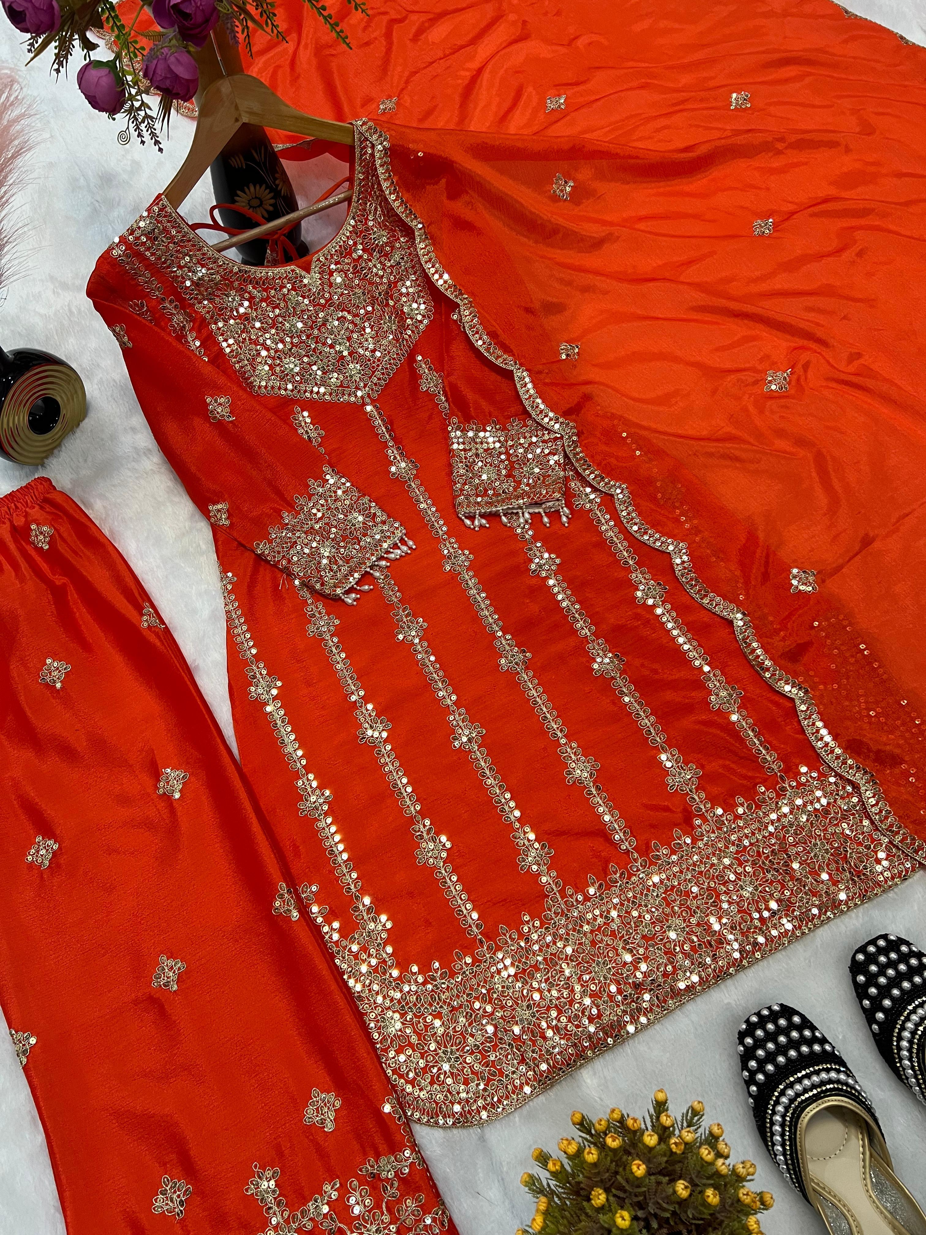 Gorgeous Red Chinon Silk Sequence Work Palazzo Suit