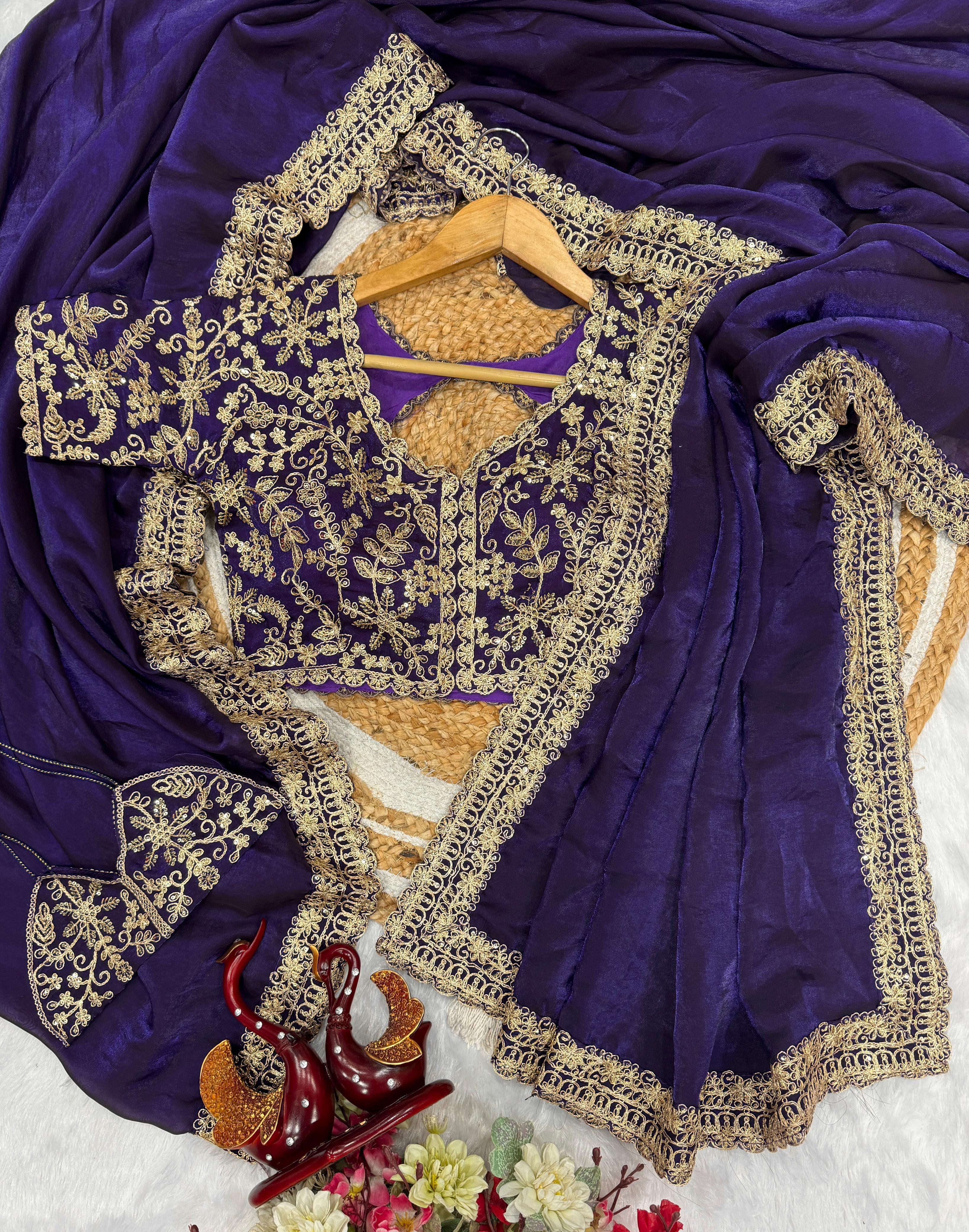 Amazing Purple Embroidery Work Silk Saree