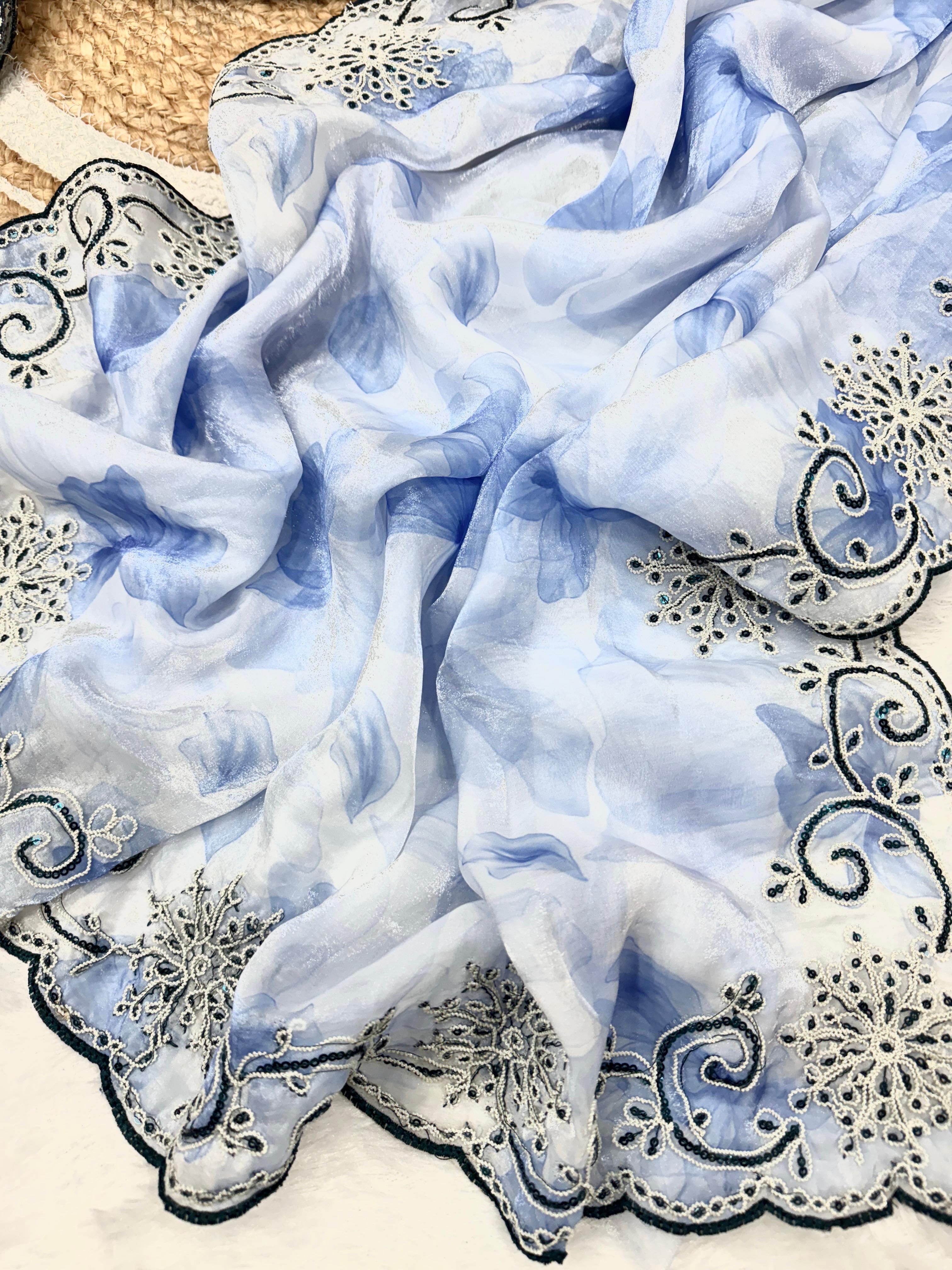 Ravishing Sky Blue Color Embroidery Work Silk Saree