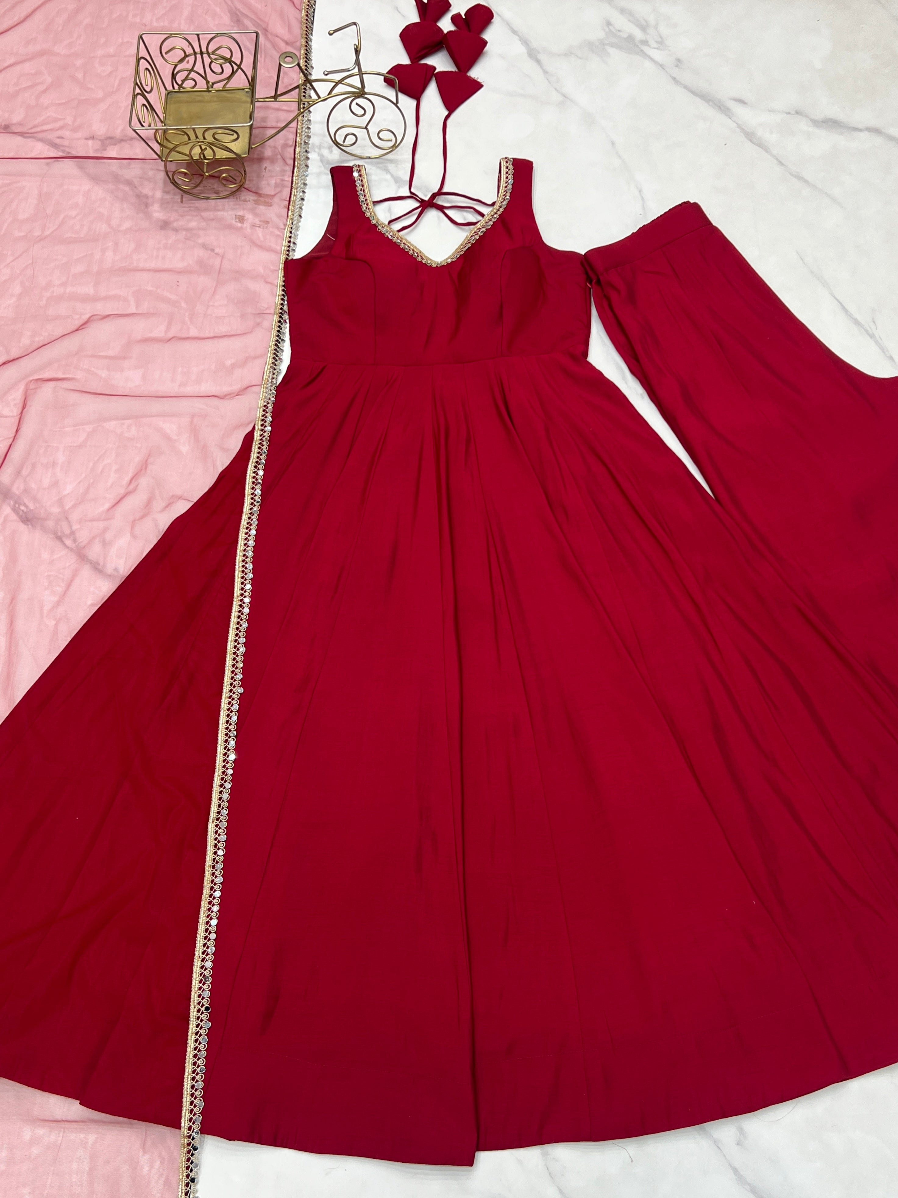 Trendy Maroon Roman Silk Anarkali Work Gown