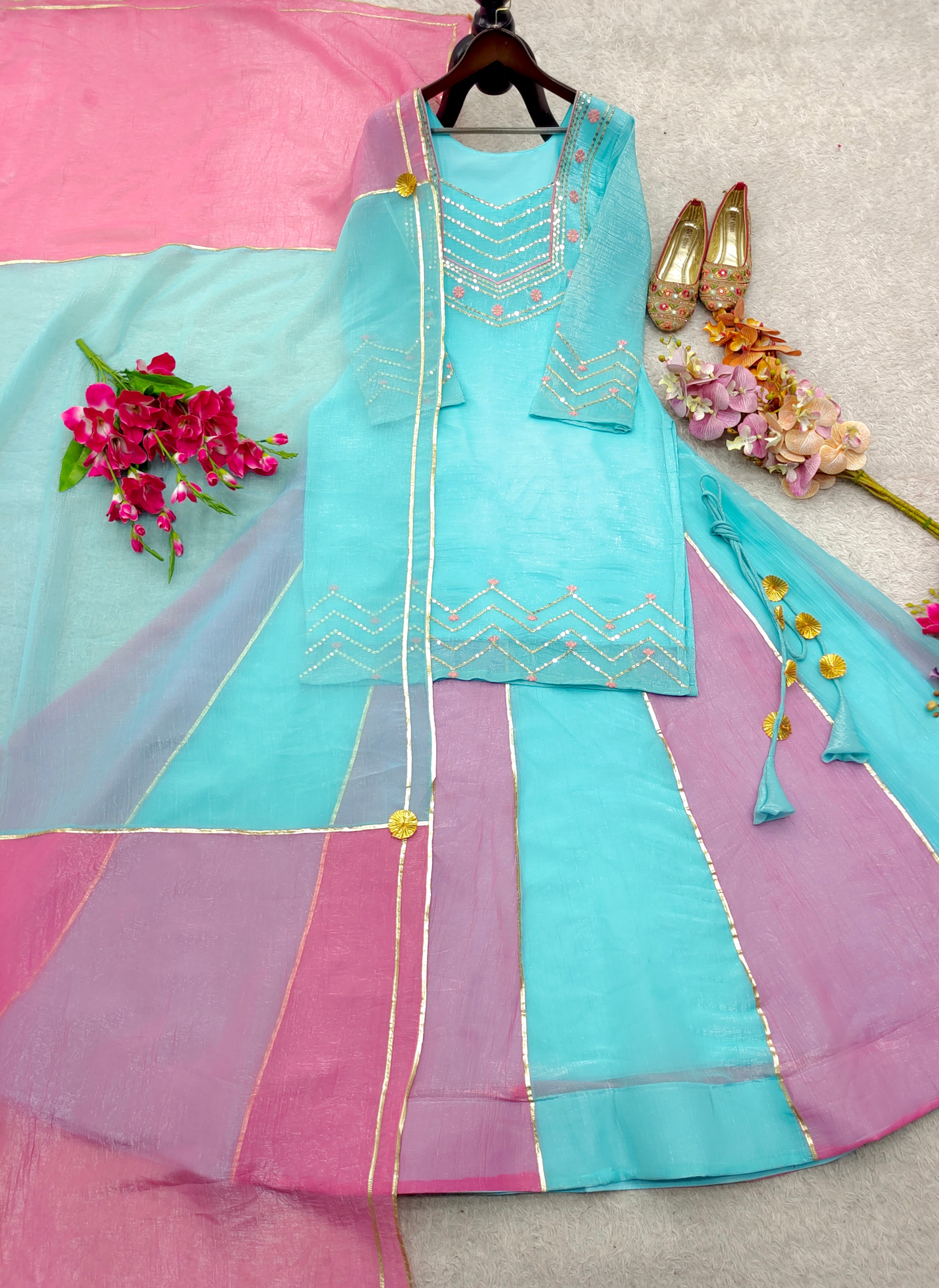 Pretty Sky Blue Silk Gota Patti Work Sharara Suit